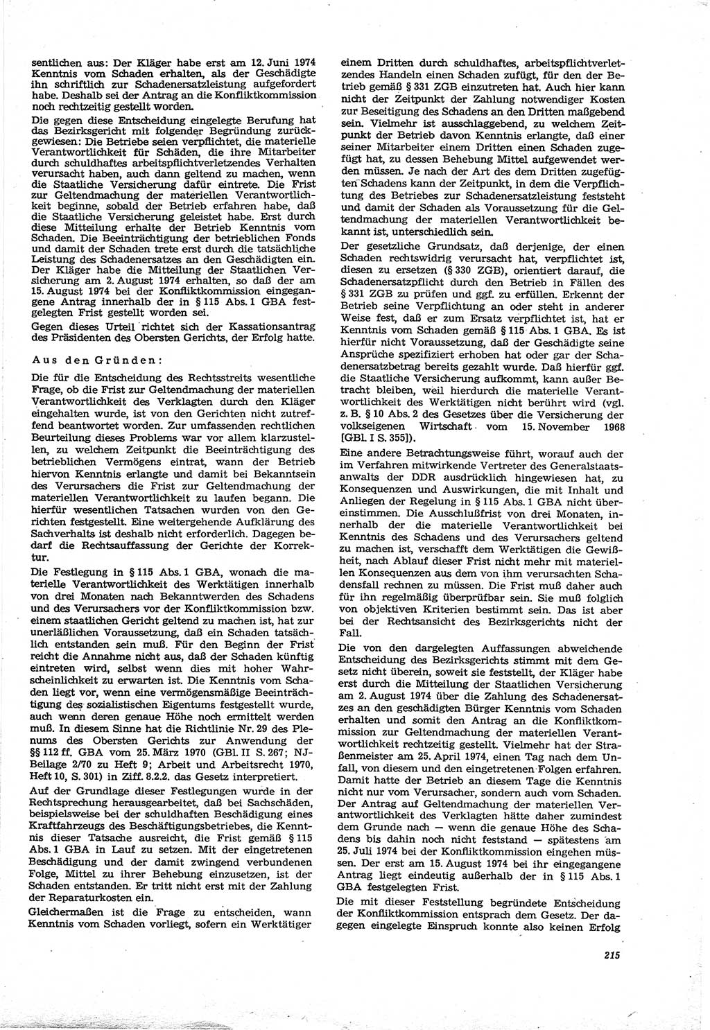 Neue Justiz (NJ), Zeitschrift für Recht und Rechtswissenschaft [Deutsche Demokratische Republik (DDR)], 30. Jahrgang 1976, Seite 215 (NJ DDR 1976, S. 215)