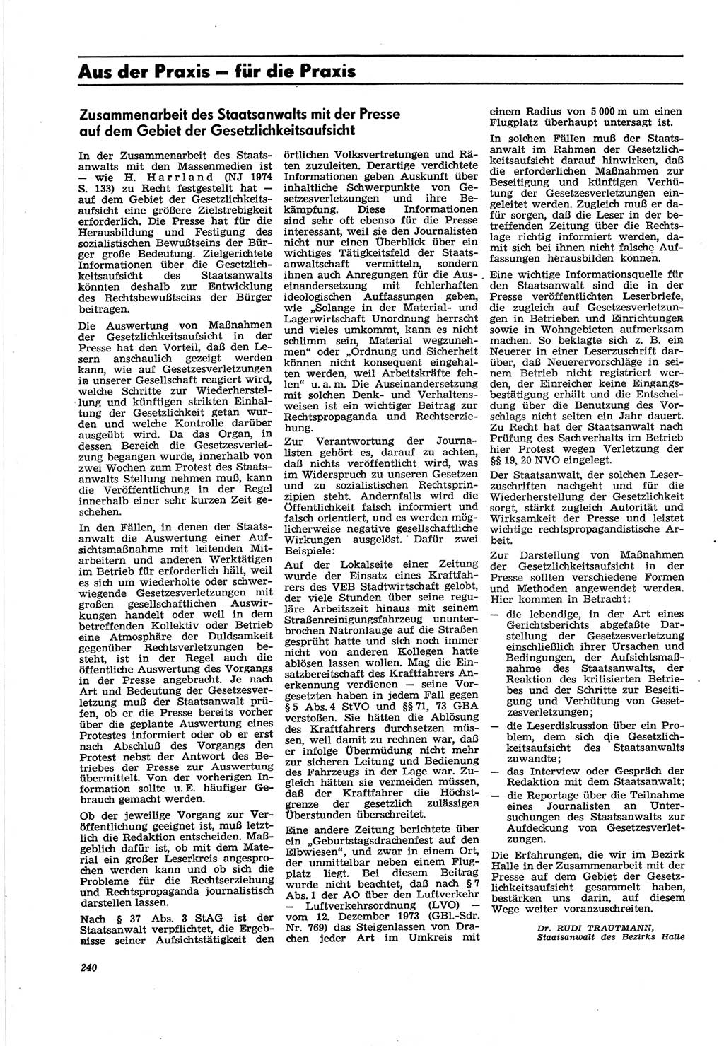 Neue Justiz (NJ), Zeitschrift für Recht und Rechtswissenschaft [Deutsche Demokratische Republik (DDR)], 30. Jahrgang 1976, Seite 240 (NJ DDR 1976, S. 240)