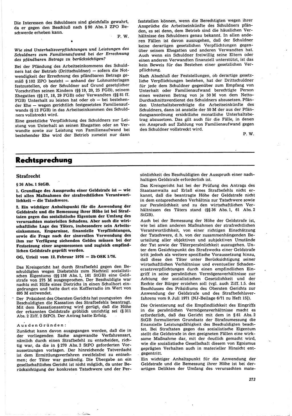 Neue Justiz (NJ), Zeitschrift für Recht und Rechtswissenschaft [Deutsche Demokratische Republik (DDR)], 30. Jahrgang 1976, Seite 273 (NJ DDR 1976, S. 273)