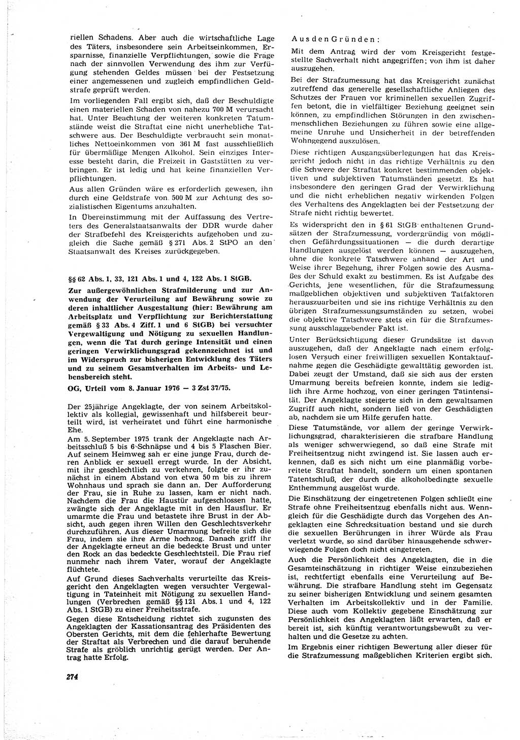 Neue Justiz (NJ), Zeitschrift für Recht und Rechtswissenschaft [Deutsche Demokratische Republik (DDR)], 30. Jahrgang 1976, Seite 274 (NJ DDR 1976, S. 274)