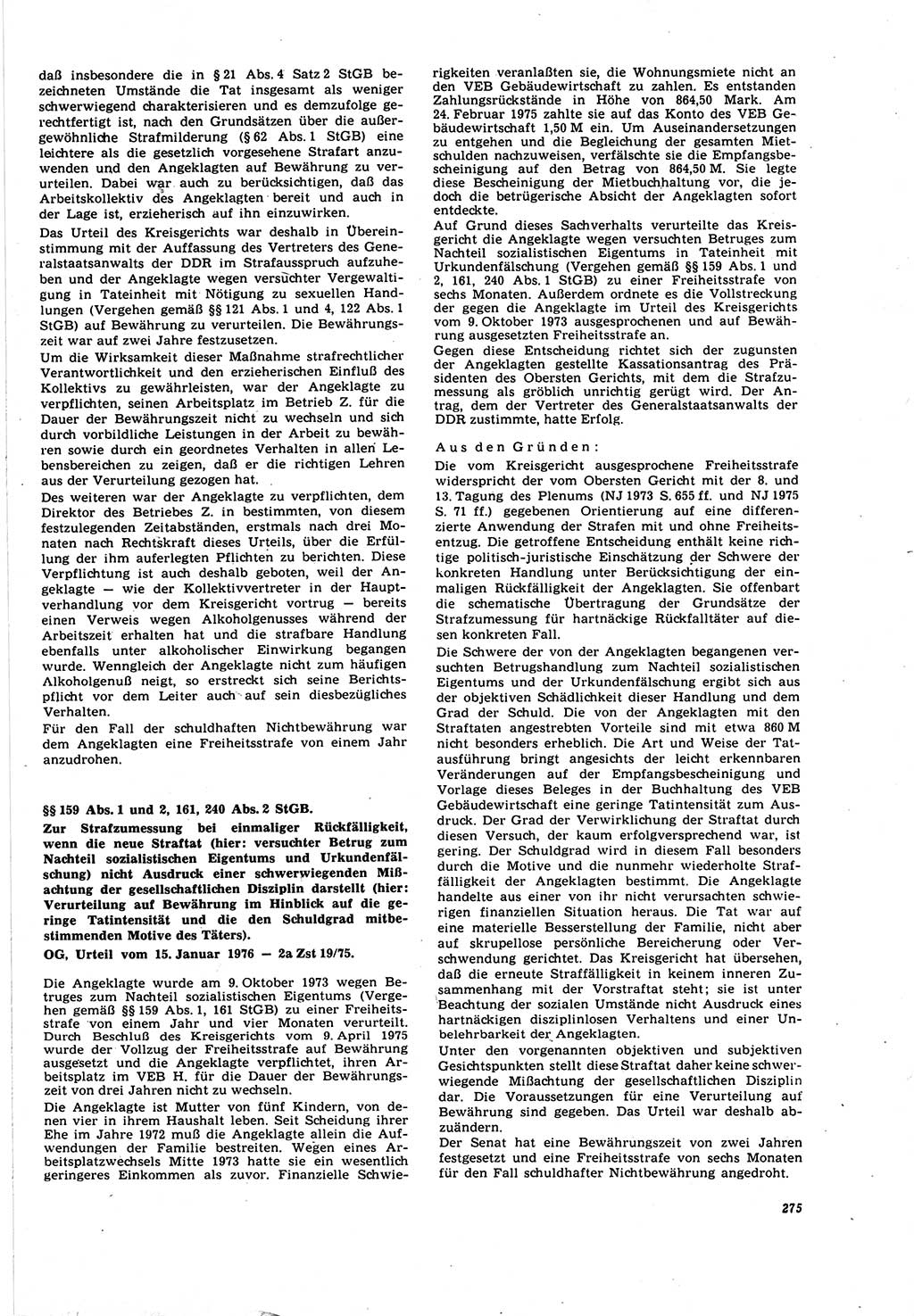 Neue Justiz (NJ), Zeitschrift für Recht und Rechtswissenschaft [Deutsche Demokratische Republik (DDR)], 30. Jahrgang 1976, Seite 275 (NJ DDR 1976, S. 275)