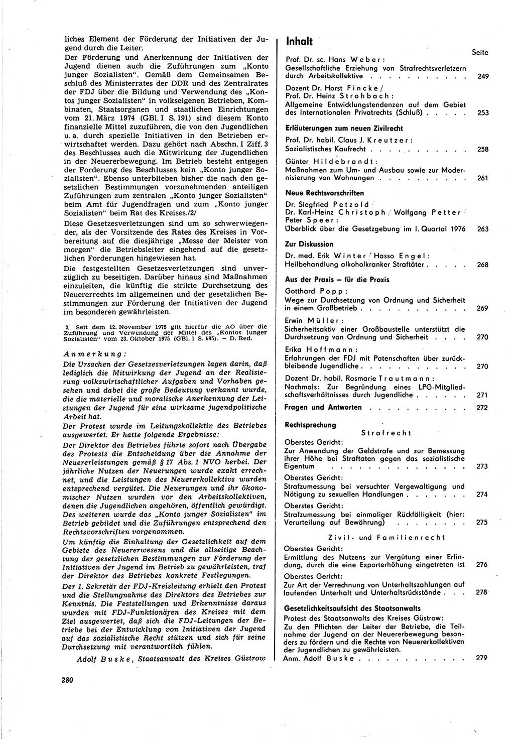 Neue Justiz (NJ), Zeitschrift für Recht und Rechtswissenschaft [Deutsche Demokratische Republik (DDR)], 30. Jahrgang 1976, Seite 280 (NJ DDR 1976, S. 280)