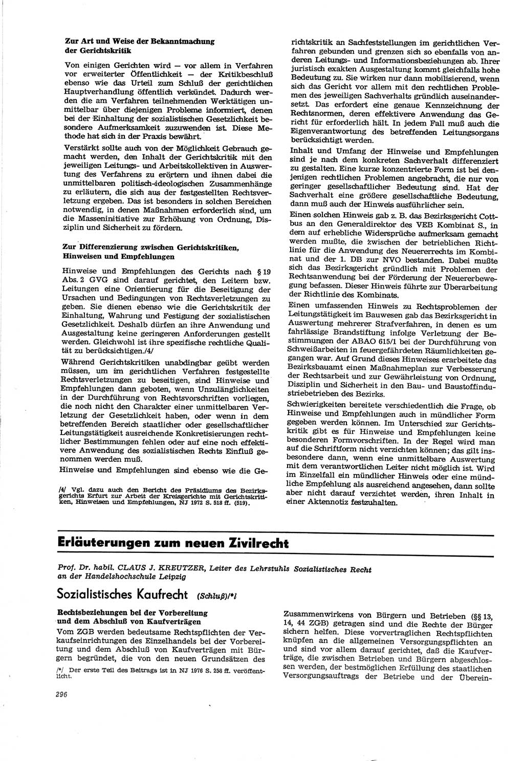 Neue Justiz (NJ), Zeitschrift für Recht und Rechtswissenschaft [Deutsche Demokratische Republik (DDR)], 30. Jahrgang 1976, Seite 296 (NJ DDR 1976, S. 296)