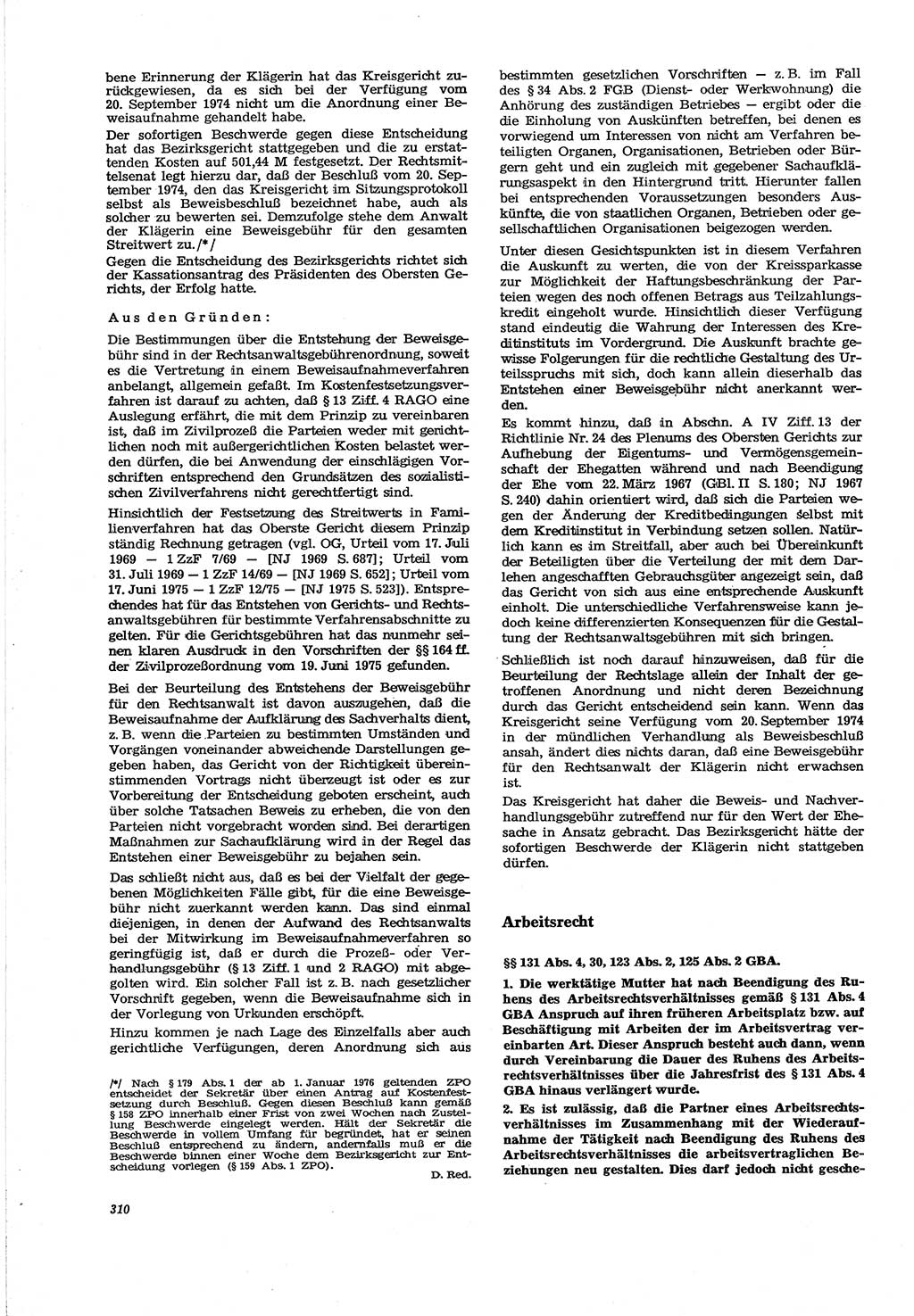 Neue Justiz (NJ), Zeitschrift für Recht und Rechtswissenschaft [Deutsche Demokratische Republik (DDR)], 30. Jahrgang 1976, Seite 310 (NJ DDR 1976, S. 310)