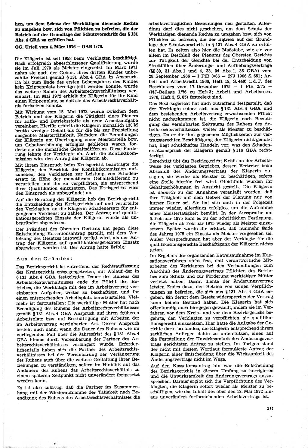 Neue Justiz (NJ), Zeitschrift für Recht und Rechtswissenschaft [Deutsche Demokratische Republik (DDR)], 30. Jahrgang 1976, Seite 311 (NJ DDR 1976, S. 311)