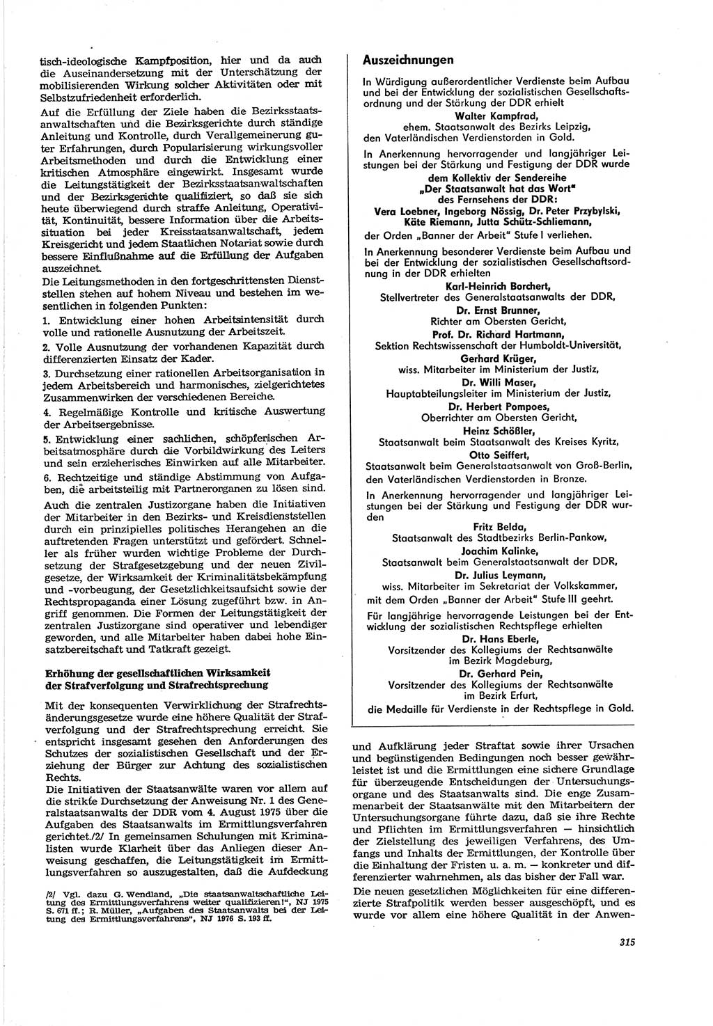 Neue Justiz (NJ), Zeitschrift für Recht und Rechtswissenschaft [Deutsche Demokratische Republik (DDR)], 30. Jahrgang 1976, Seite 315 (NJ DDR 1976, S. 315)