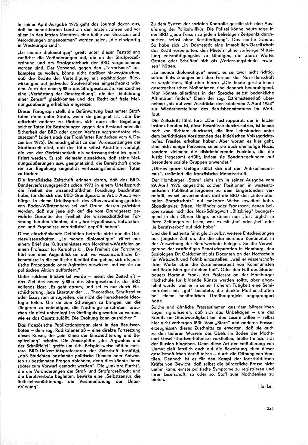 Neue Justiz (NJ), Zeitschrift für Recht und Rechtswissenschaft [Deutsche Demokratische Republik (DDR)], 30. Jahrgang 1976, Seite 335 (NJ DDR 1976, S. 335)