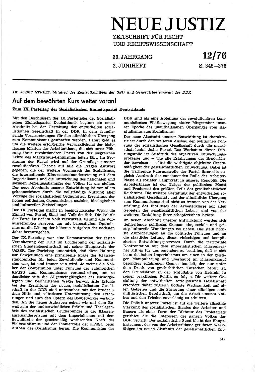 Neue Justiz (NJ), Zeitschrift für Recht und Rechtswissenschaft [Deutsche Demokratische Republik (DDR)], 30. Jahrgang 1976, Seite 345 (NJ DDR 1976, S. 345)