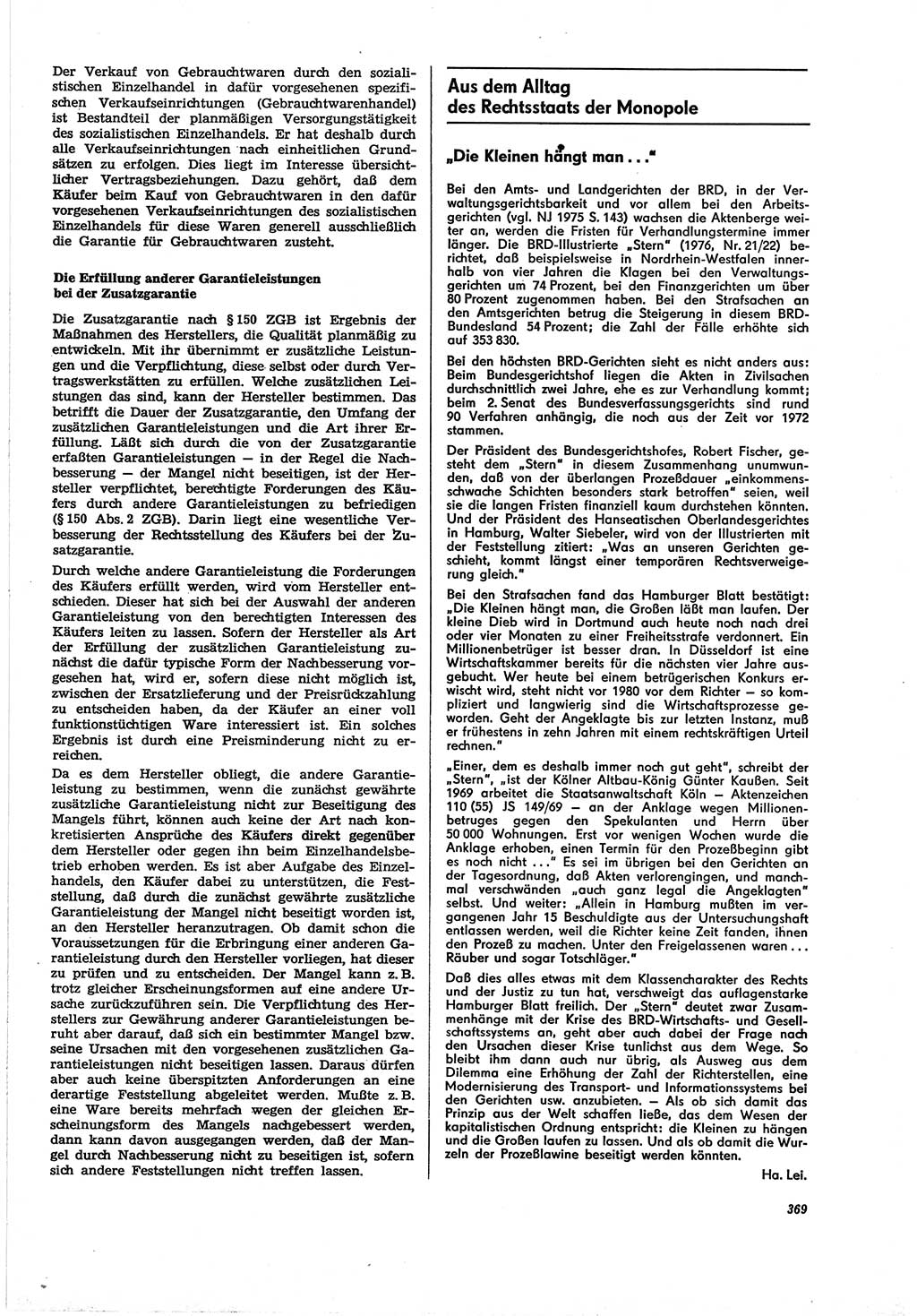 Neue Justiz (NJ), Zeitschrift für Recht und Rechtswissenschaft [Deutsche Demokratische Republik (DDR)], 30. Jahrgang 1976, Seite 369 (NJ DDR 1976, S. 369)