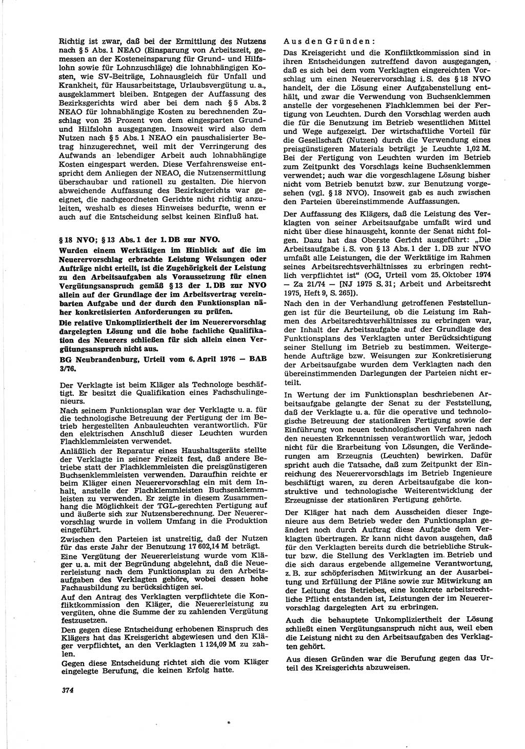 Neue Justiz (NJ), Zeitschrift für Recht und Rechtswissenschaft [Deutsche Demokratische Republik (DDR)], 30. Jahrgang 1976, Seite 374 (NJ DDR 1976, S. 374)