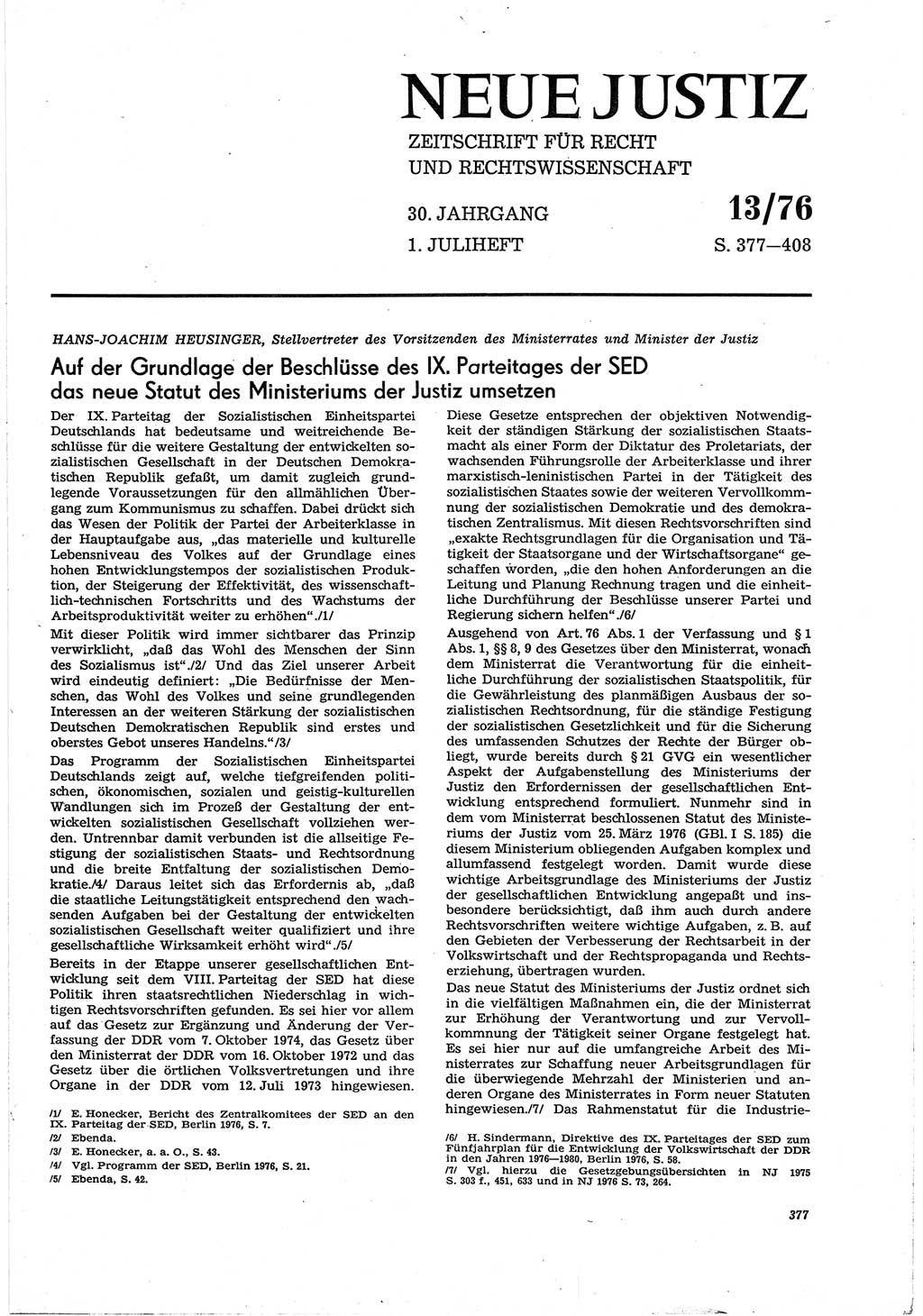 Neue Justiz (NJ), Zeitschrift für Recht und Rechtswissenschaft [Deutsche Demokratische Republik (DDR)], 30. Jahrgang 1976, Seite 377 (NJ DDR 1976, S. 377)