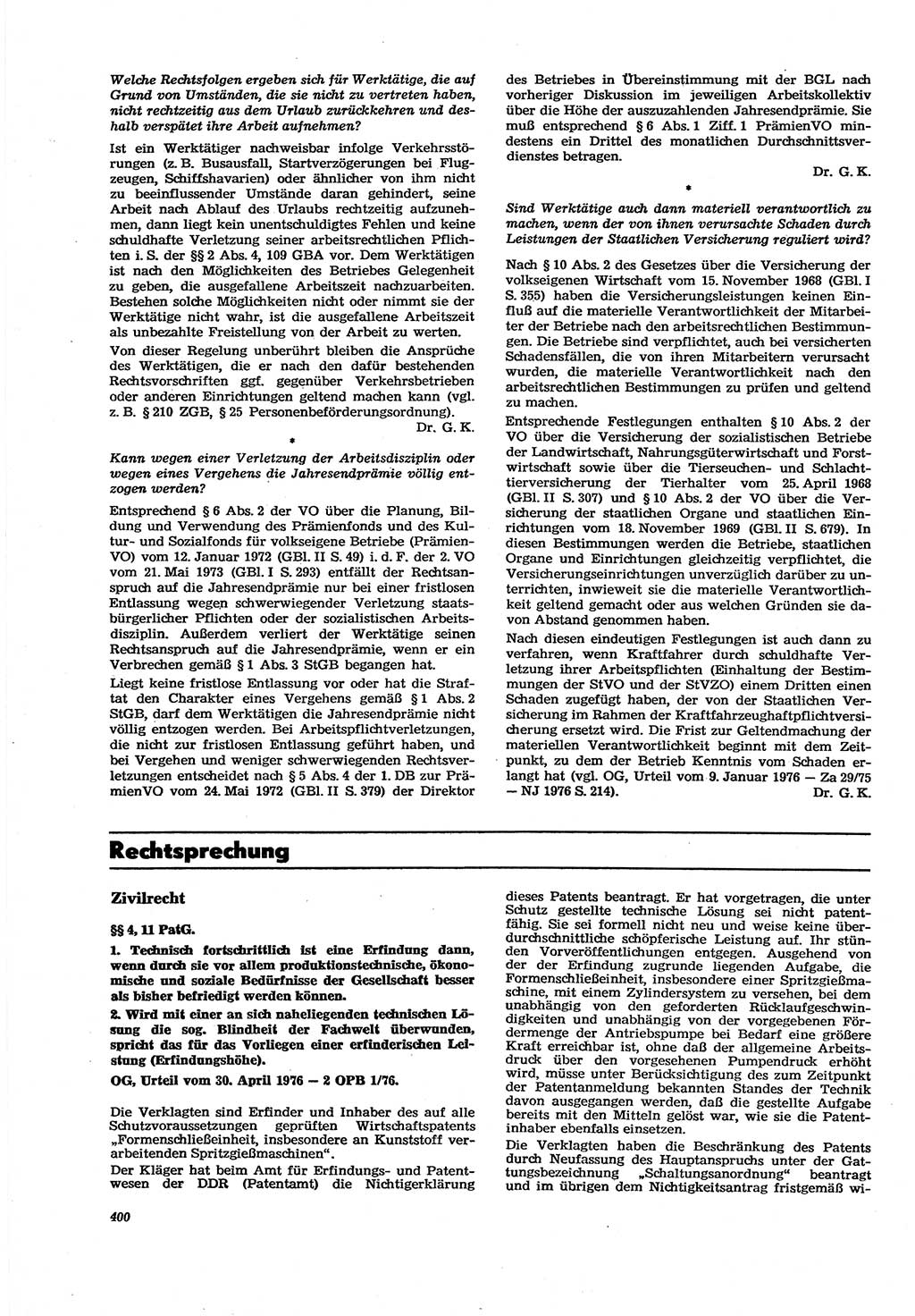 Neue Justiz (NJ), Zeitschrift für Recht und Rechtswissenschaft [Deutsche Demokratische Republik (DDR)], 30. Jahrgang 1976, Seite 400 (NJ DDR 1976, S. 400)