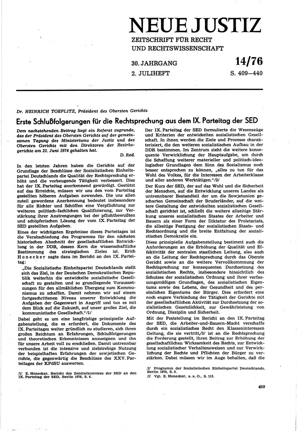 Neue Justiz (NJ), Zeitschrift für Recht und Rechtswissenschaft [Deutsche Demokratische Republik (DDR)], 30. Jahrgang 1976, Seite 409 (NJ DDR 1976, S. 409)