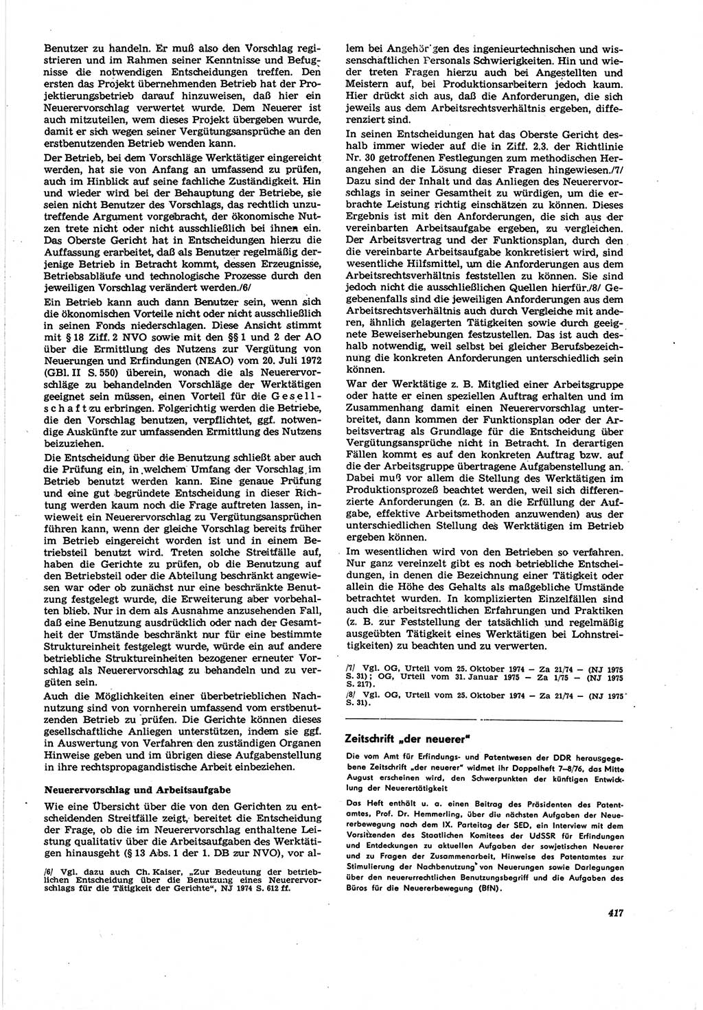 Neue Justiz (NJ), Zeitschrift für Recht und Rechtswissenschaft [Deutsche Demokratische Republik (DDR)], 30. Jahrgang 1976, Seite 417 (NJ DDR 1976, S. 417)