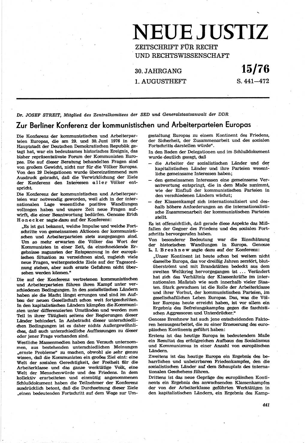 Neue Justiz (NJ), Zeitschrift für Recht und Rechtswissenschaft [Deutsche Demokratische Republik (DDR)], 30. Jahrgang 1976, Seite 441 (NJ DDR 1976, S. 441)