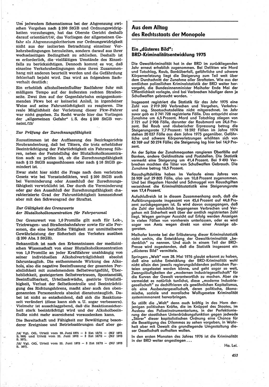 Neue Justiz (NJ), Zeitschrift für Recht und Rechtswissenschaft [Deutsche Demokratische Republik (DDR)], 30. Jahrgang 1976, Seite 453 (NJ DDR 1976, S. 453)