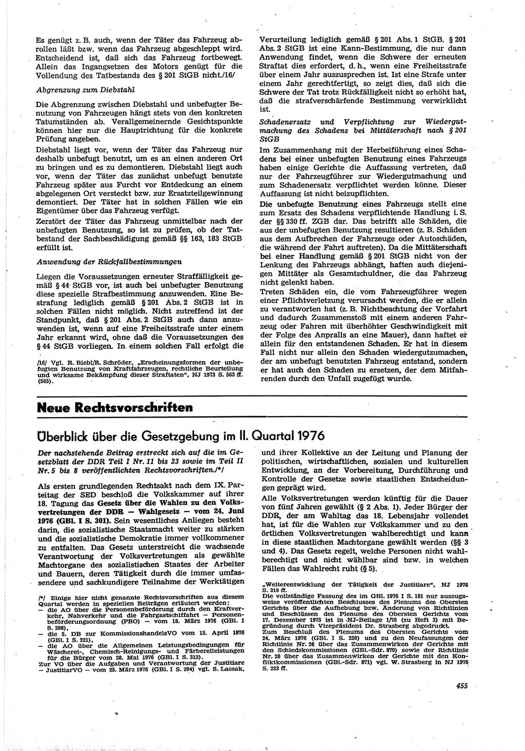Neue Justiz (NJ), Zeitschrift für Recht und Rechtswissenschaft [Deutsche Demokratische Republik (DDR)], 30. Jahrgang 1976, Seite 455 (NJ DDR 1976, S. 455)