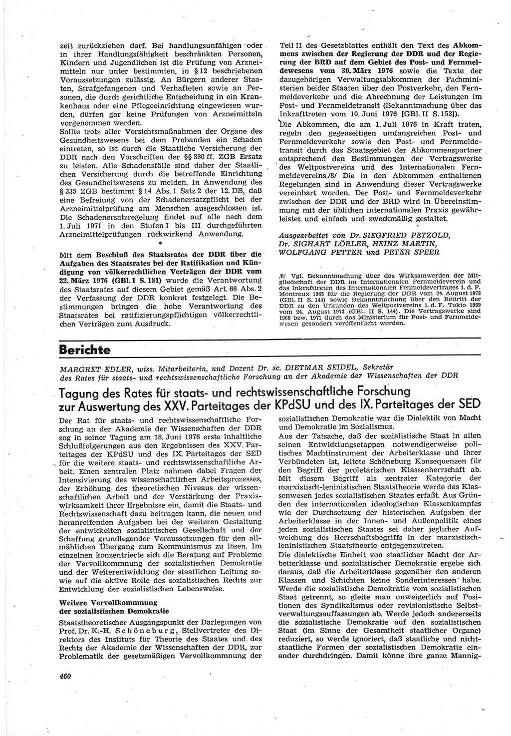 Neue Justiz (NJ), Zeitschrift für Recht und Rechtswissenschaft [Deutsche Demokratische Republik (DDR)], 30. Jahrgang 1976, Seite 460 (NJ DDR 1976, S. 460)