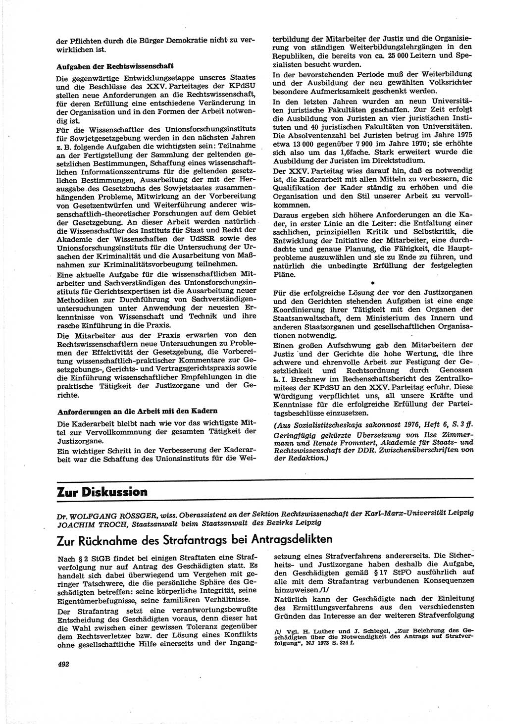 Neue Justiz (NJ), Zeitschrift für Recht und Rechtswissenschaft [Deutsche Demokratische Republik (DDR)], 30. Jahrgang 1976, Seite 492 (NJ DDR 1976, S. 492)