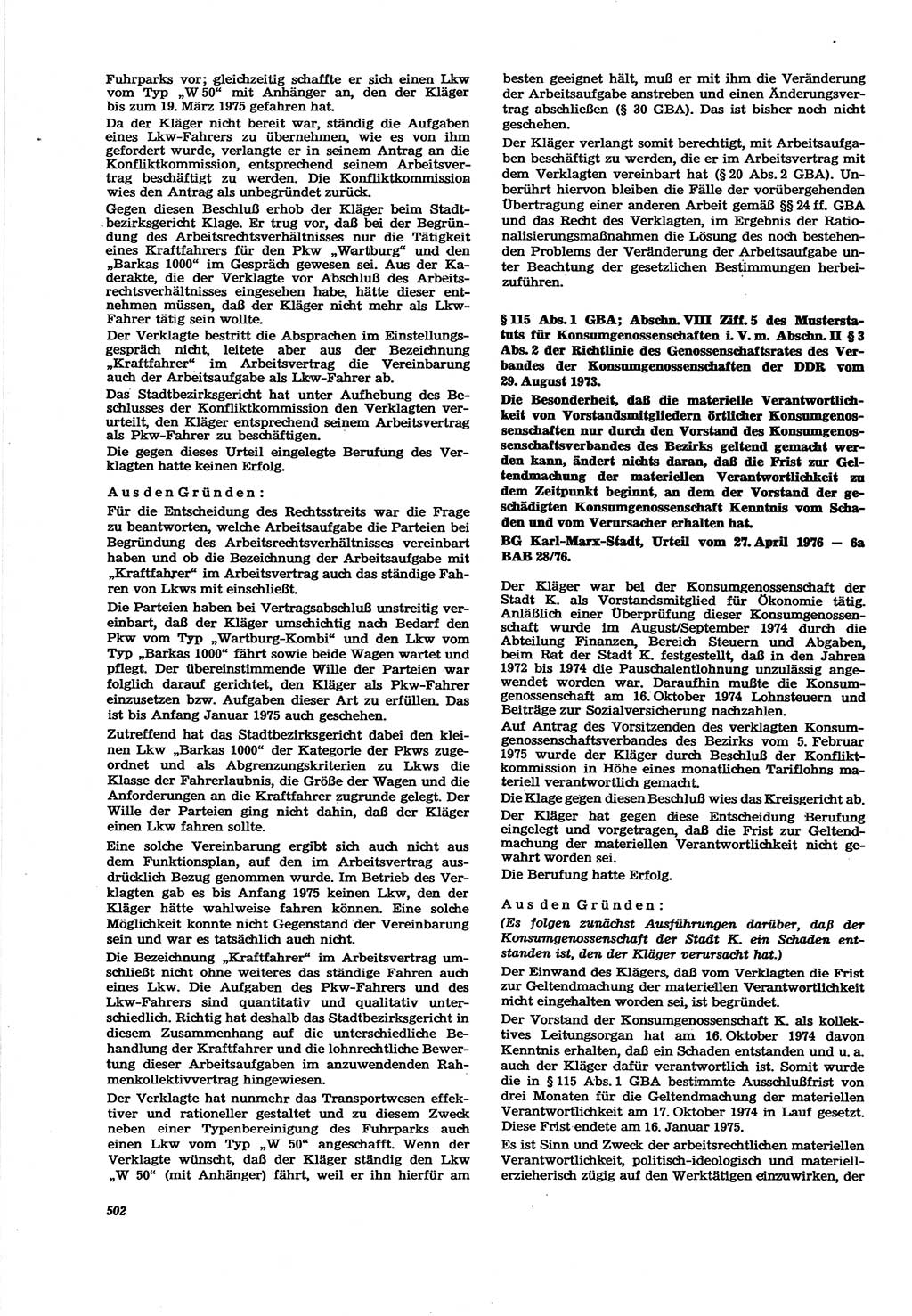 Neue Justiz (NJ), Zeitschrift für Recht und Rechtswissenschaft [Deutsche Demokratische Republik (DDR)], 30. Jahrgang 1976, Seite 502 (NJ DDR 1976, S. 502)