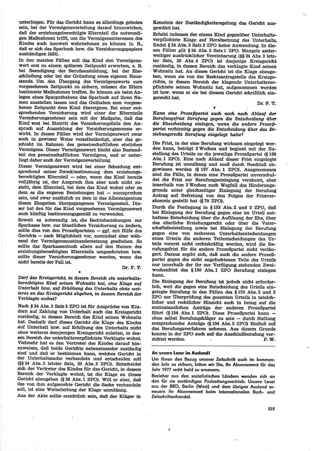 Neue Justiz (NJ), Zeitschrift für Recht und Rechtswissenschaft [Deutsche Demokratische Republik (DDR)], 30. Jahrgang 1976, Seite 525 (NJ DDR 1976, S. 525)