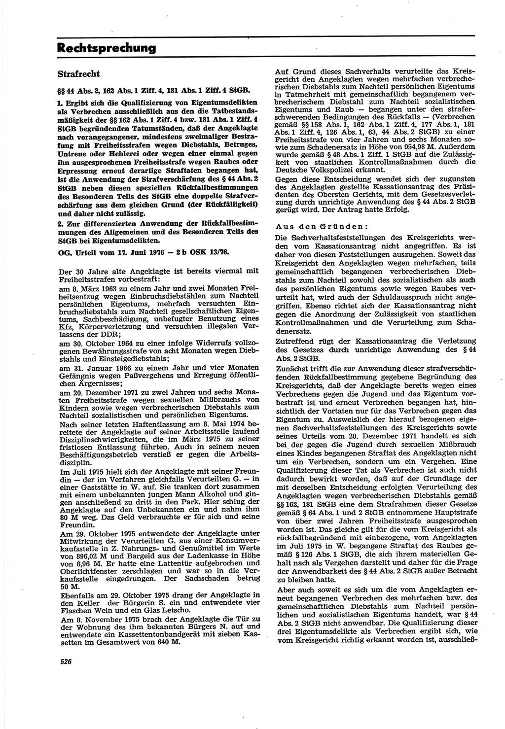 Neue Justiz (NJ), Zeitschrift für Recht und Rechtswissenschaft [Deutsche Demokratische Republik (DDR)], 30. Jahrgang 1976, Seite 526 (NJ DDR 1976, S. 526)