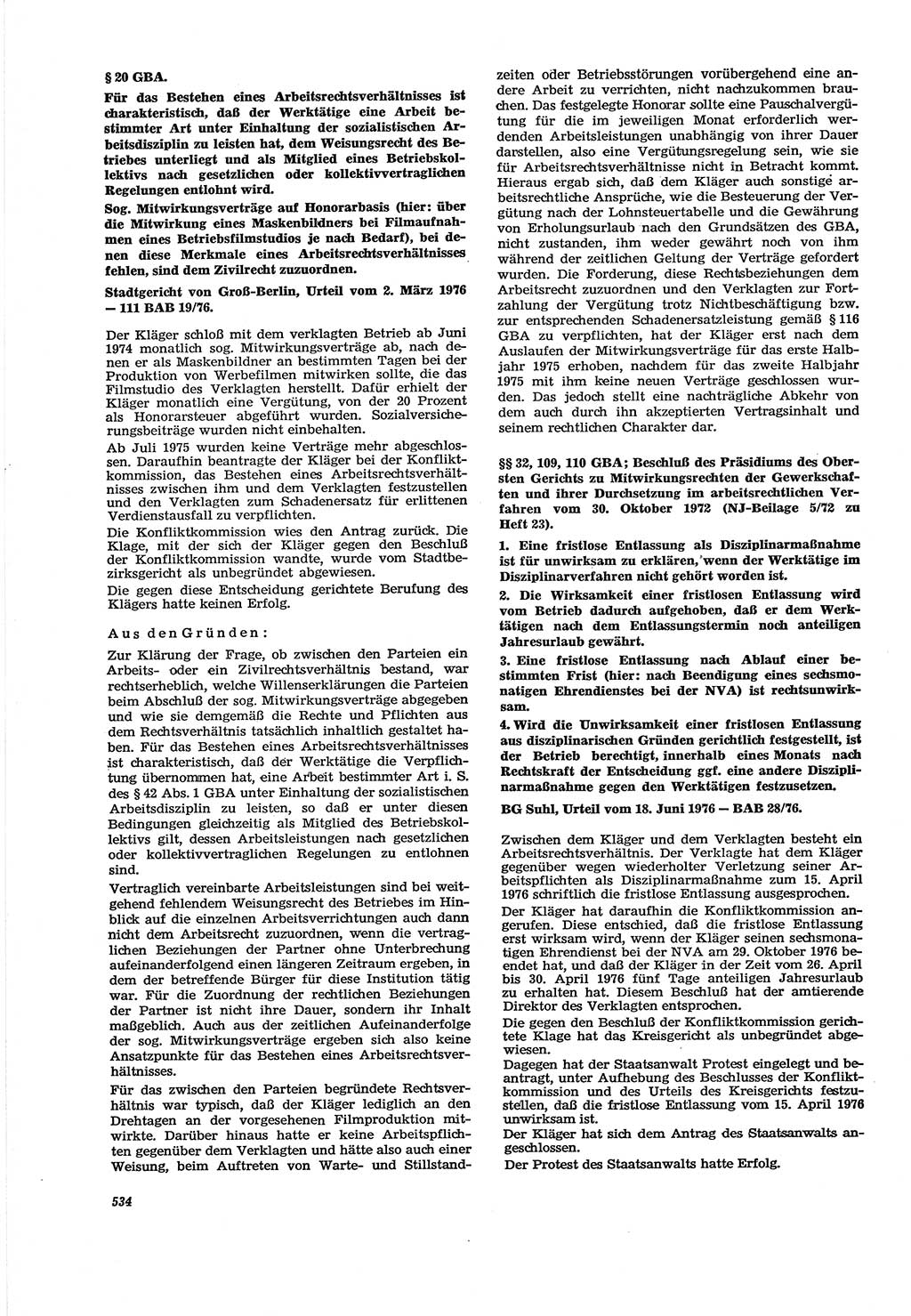 Neue Justiz (NJ), Zeitschrift für Recht und Rechtswissenschaft [Deutsche Demokratische Republik (DDR)], 30. Jahrgang 1976, Seite 534 (NJ DDR 1976, S. 534)