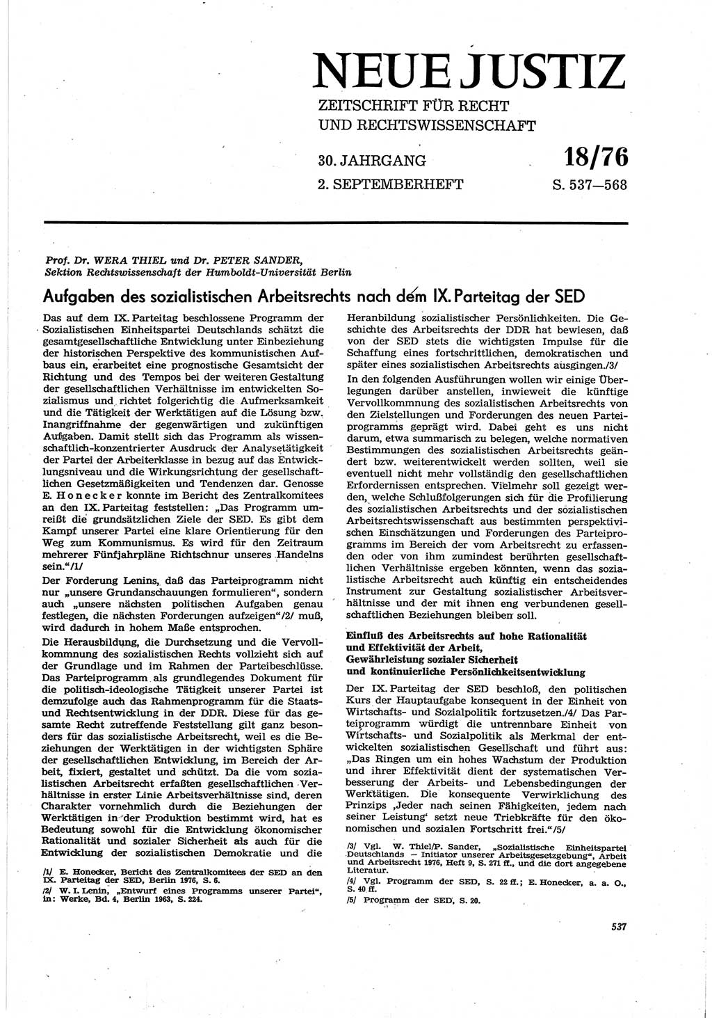 Neue Justiz (NJ), Zeitschrift für Recht und Rechtswissenschaft [Deutsche Demokratische Republik (DDR)], 30. Jahrgang 1976, Seite 537 (NJ DDR 1976, S. 537)