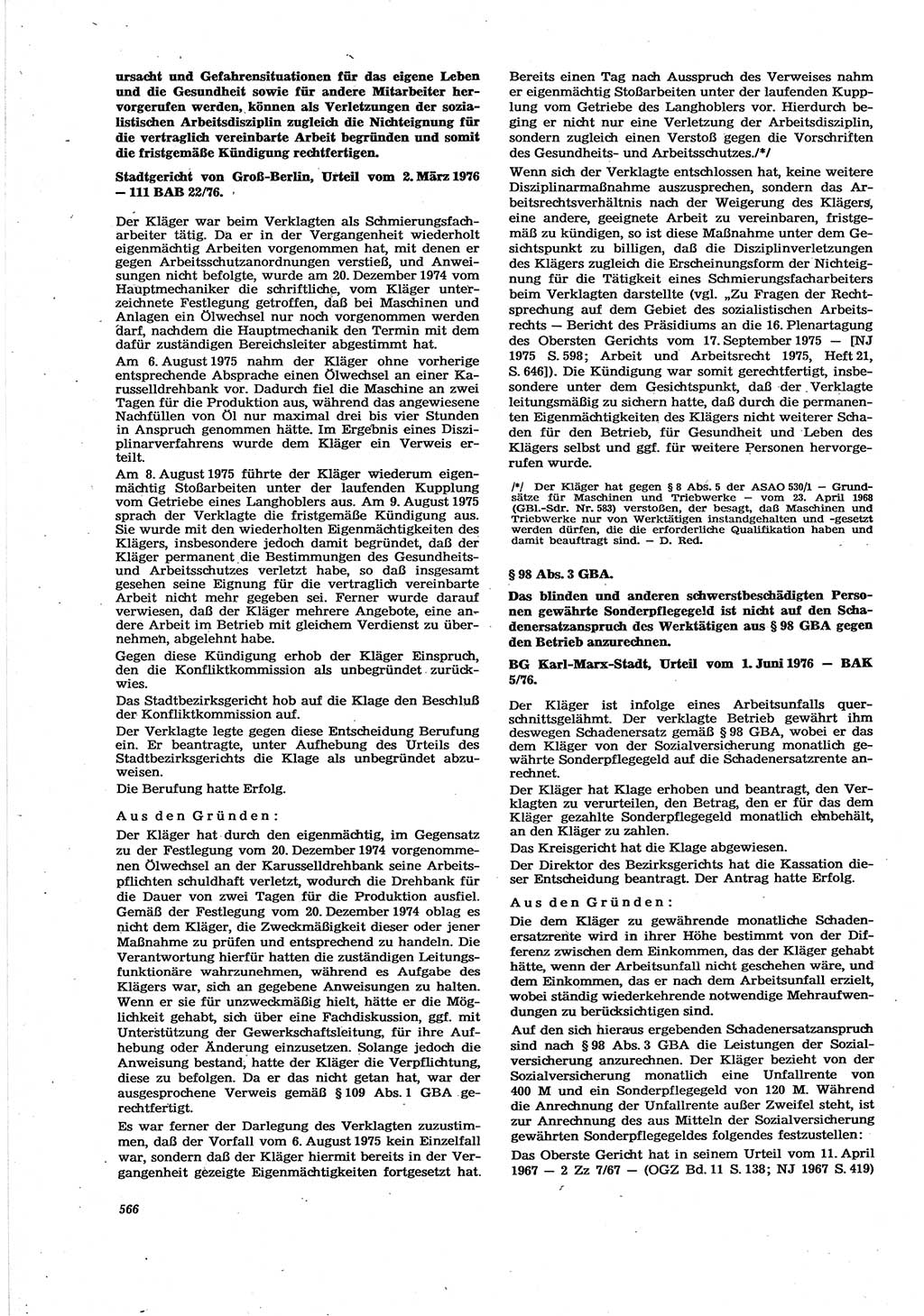 Neue Justiz (NJ), Zeitschrift für Recht und Rechtswissenschaft [Deutsche Demokratische Republik (DDR)], 30. Jahrgang 1976, Seite 566 (NJ DDR 1976, S. 566)