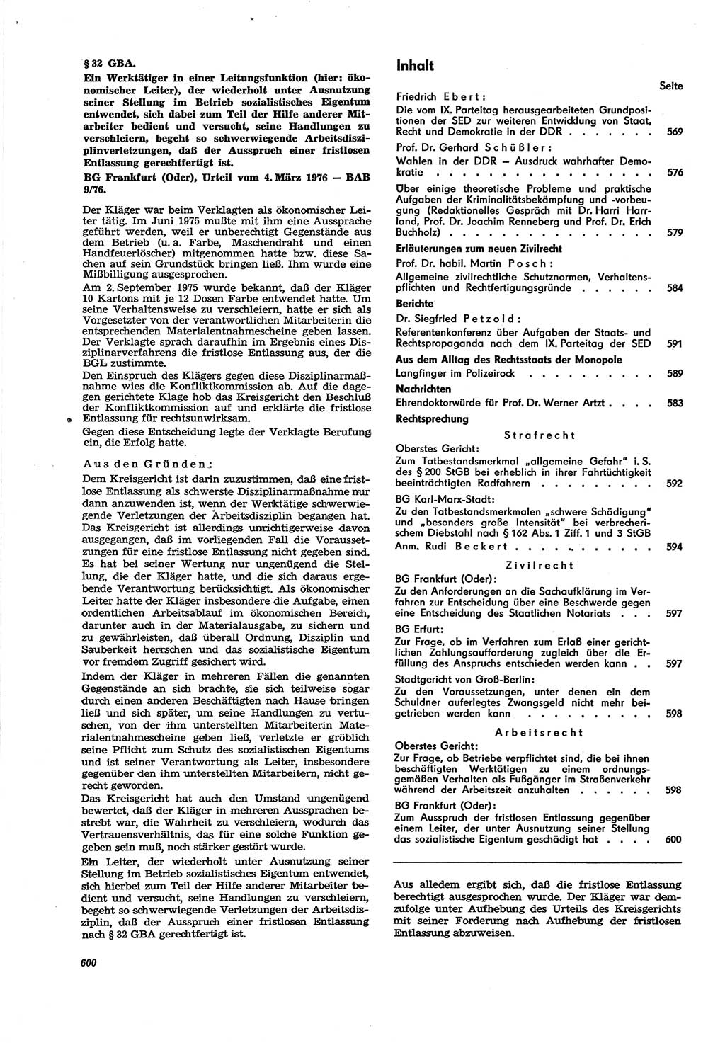 Neue Justiz (NJ), Zeitschrift für Recht und Rechtswissenschaft [Deutsche Demokratische Republik (DDR)], 30. Jahrgang 1976, Seite 600 (NJ DDR 1976, S. 600)