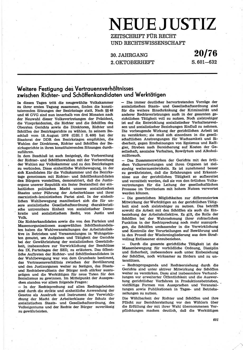 Neue Justiz (NJ), Zeitschrift für Recht und Rechtswissenschaft [Deutsche Demokratische Republik (DDR)], 30. Jahrgang 1976, Seite 601 (NJ DDR 1976, S. 601)