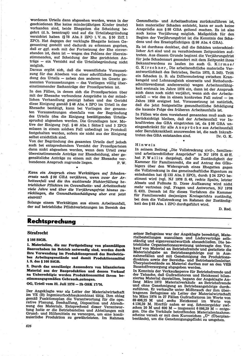 Neue Justiz (NJ), Zeitschrift für Recht und Rechtswissenschaft [Deutsche Demokratische Republik (DDR)], 30. Jahrgang 1976, Seite 626 (NJ DDR 1976, S. 626)
