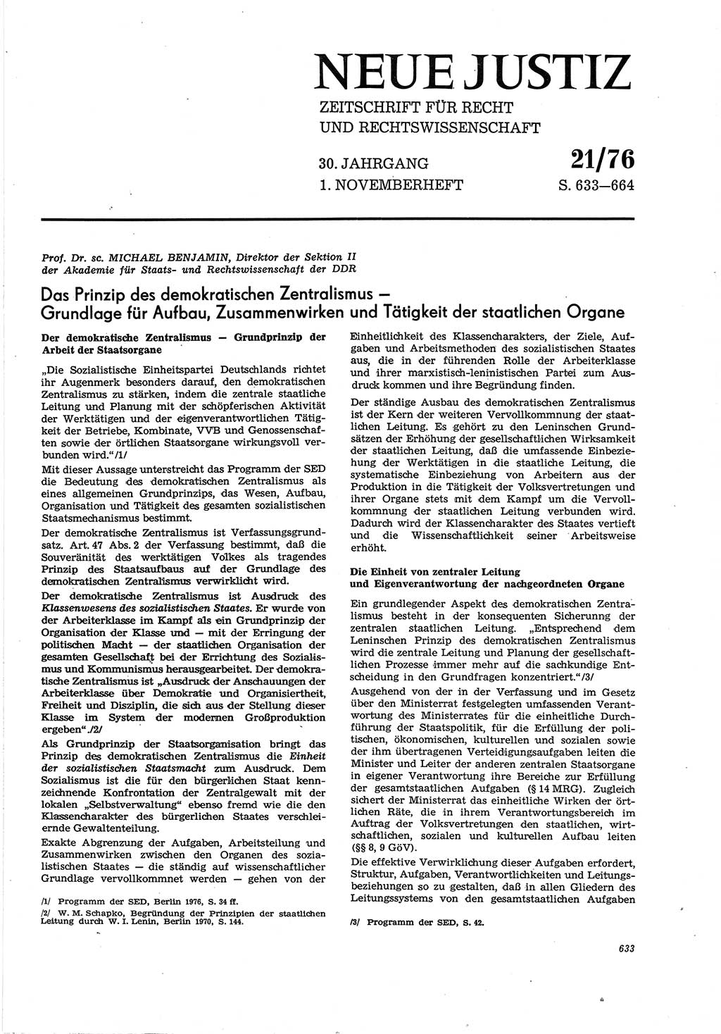 Neue Justiz (NJ), Zeitschrift für Recht und Rechtswissenschaft [Deutsche Demokratische Republik (DDR)], 30. Jahrgang 1976, Seite 633 (NJ DDR 1976, S. 633)