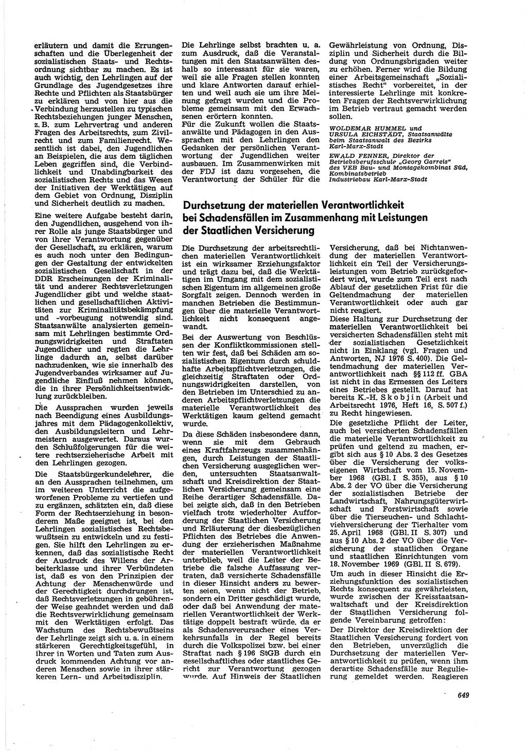 Neue Justiz (NJ), Zeitschrift für Recht und Rechtswissenschaft [Deutsche Demokratische Republik (DDR)], 30. Jahrgang 1976, Seite 649 (NJ DDR 1976, S. 649)