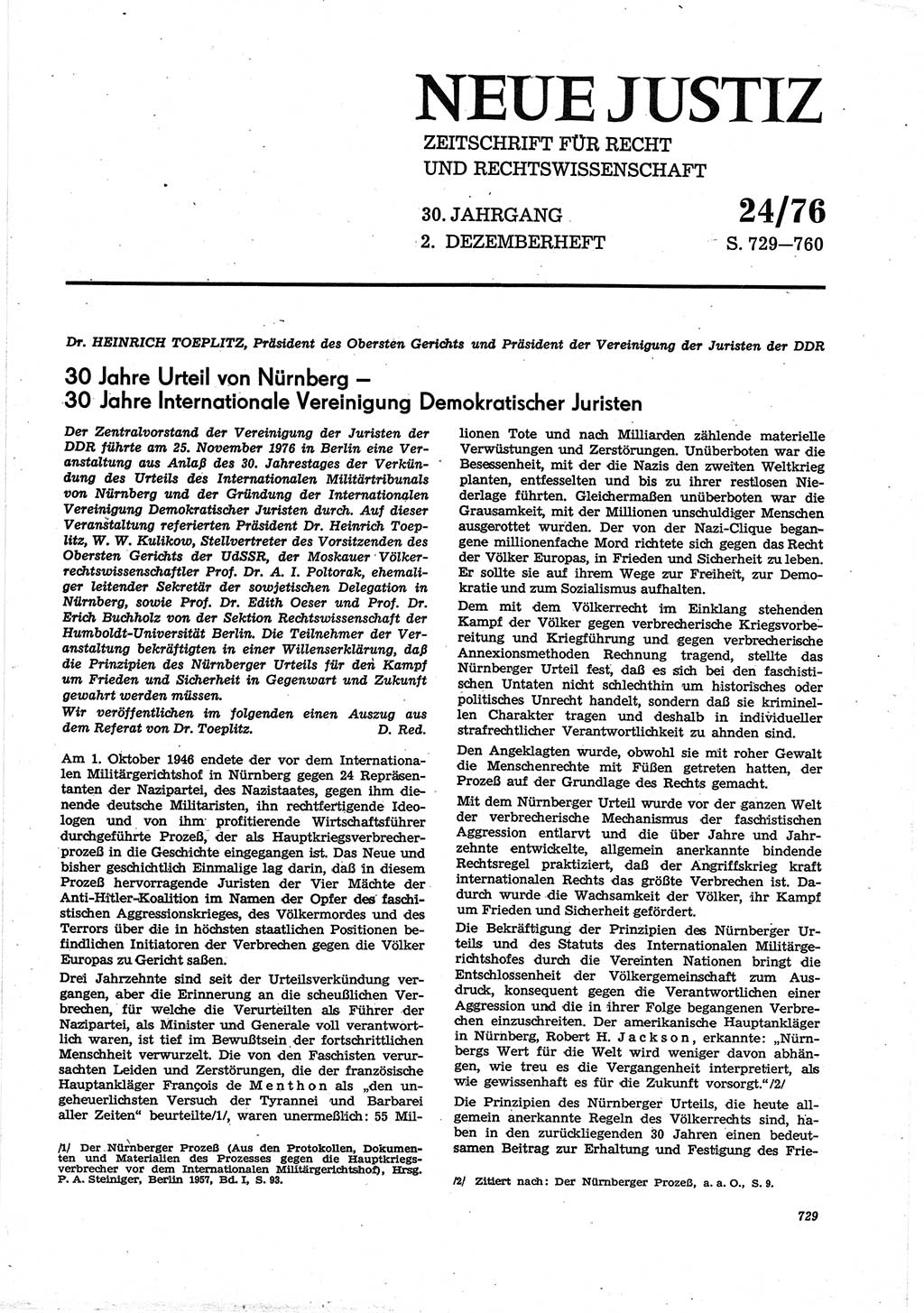 Neue Justiz (NJ), Zeitschrift für Recht und Rechtswissenschaft [Deutsche Demokratische Republik (DDR)], 30. Jahrgang 1976, Seite 729 (NJ DDR 1976, S. 729)