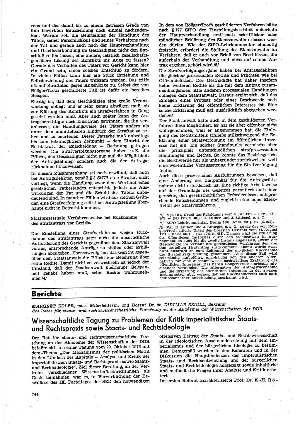 Neue Justiz (NJ), Zeitschrift für Recht und Rechtswissenschaft [Deutsche Demokratische Republik (DDR)], 30. Jahrgang 1976, Seite 744 (NJ DDR 1976, S. 744)