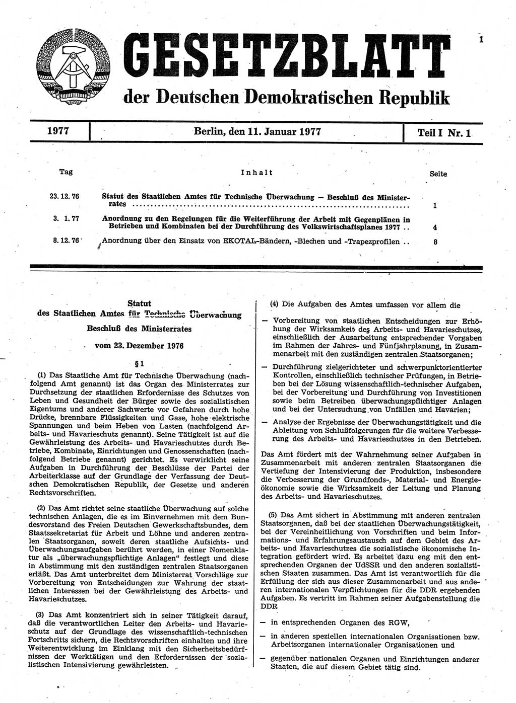 Gesetzblatt (GBl.) der Deutschen Demokratischen Republik (DDR) Teil Ⅰ 1977, Seite 1 (GBl. DDR Ⅰ 1977, S. 1)