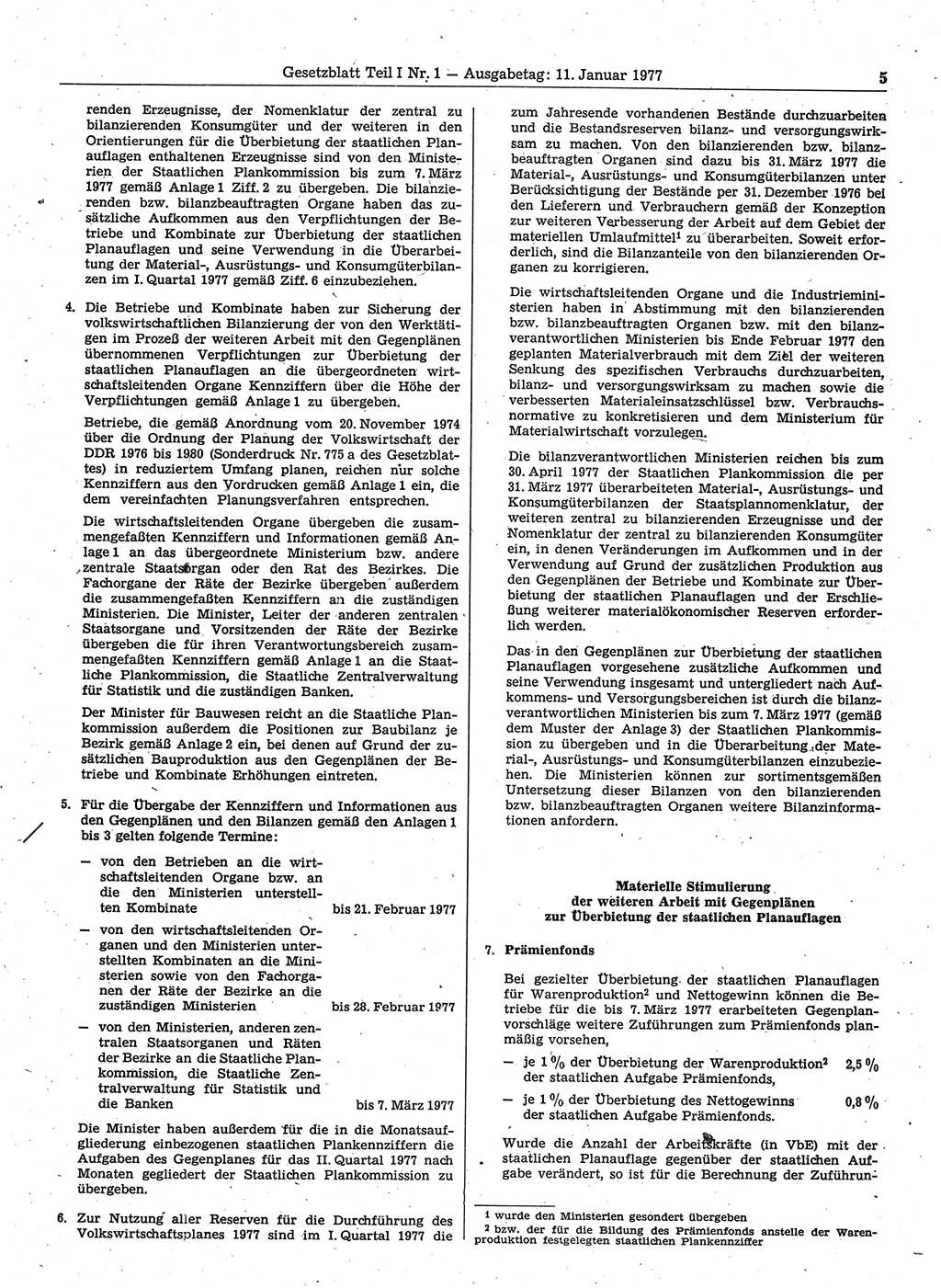 Gesetzblatt (GBl.) der Deutschen Demokratischen Republik (DDR) Teil Ⅰ 1977, Seite 5 (GBl. DDR Ⅰ 1977, S. 5)