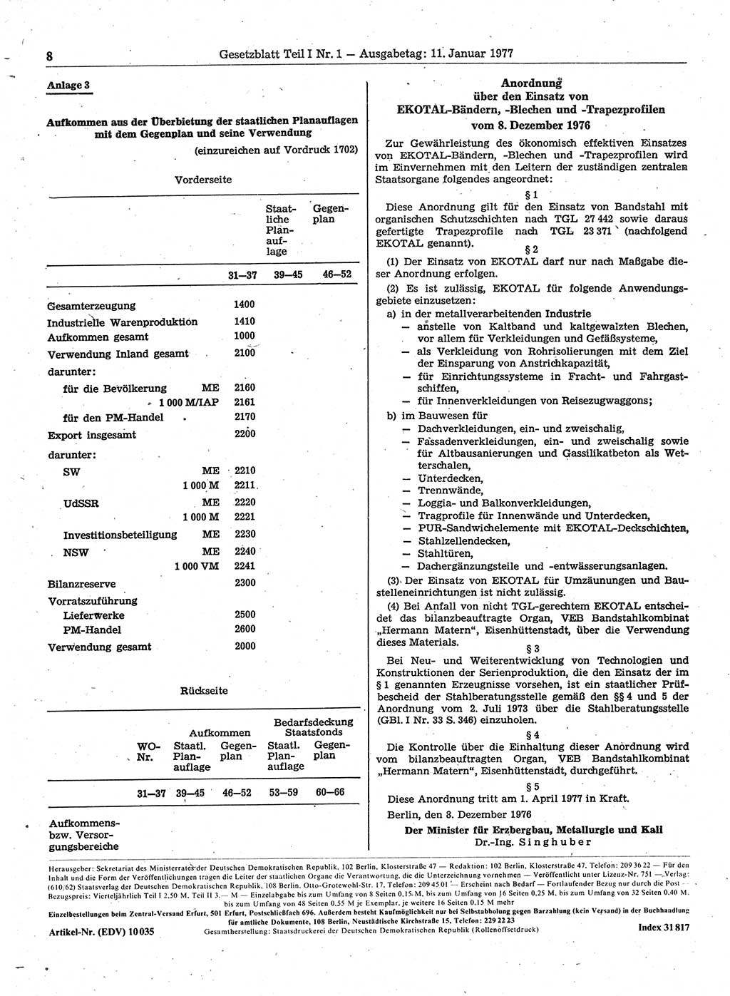 Gesetzblatt (GBl.) der Deutschen Demokratischen Republik (DDR) Teil Ⅰ 1977, Seite 8 (GBl. DDR Ⅰ 1977, S. 8)