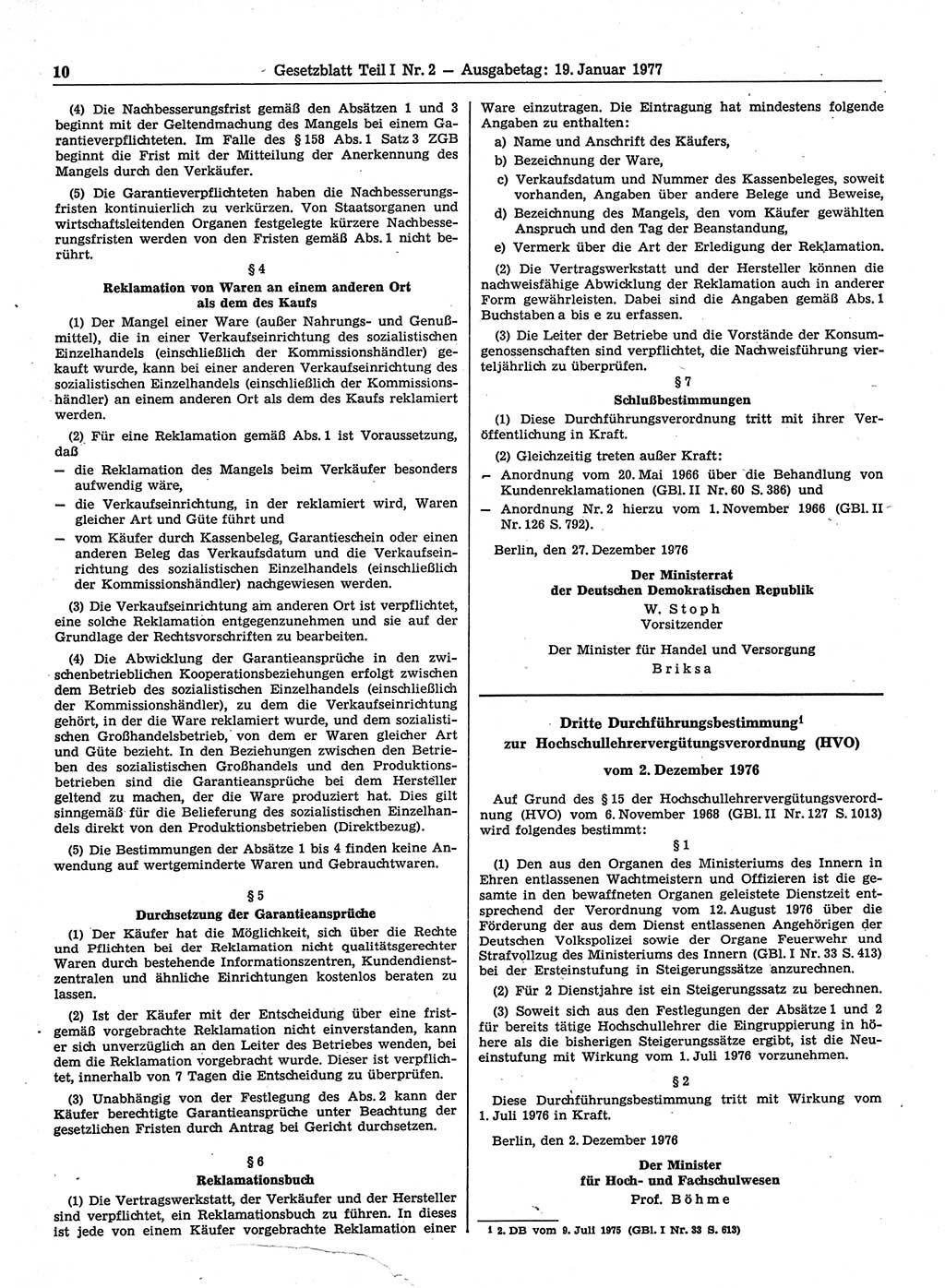 Gesetzblatt (GBl.) der Deutschen Demokratischen Republik (DDR) Teil Ⅰ 1977, Seite 10 (GBl. DDR Ⅰ 1977, S. 10)