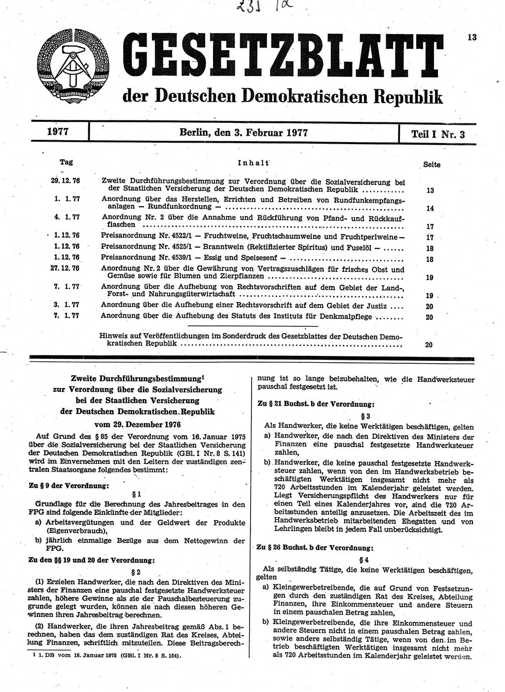 Gesetzblatt (GBl.) der Deutschen Demokratischen Republik (DDR) Teil Ⅰ 1977, Seite 13 (GBl. DDR Ⅰ 1977, S. 13)