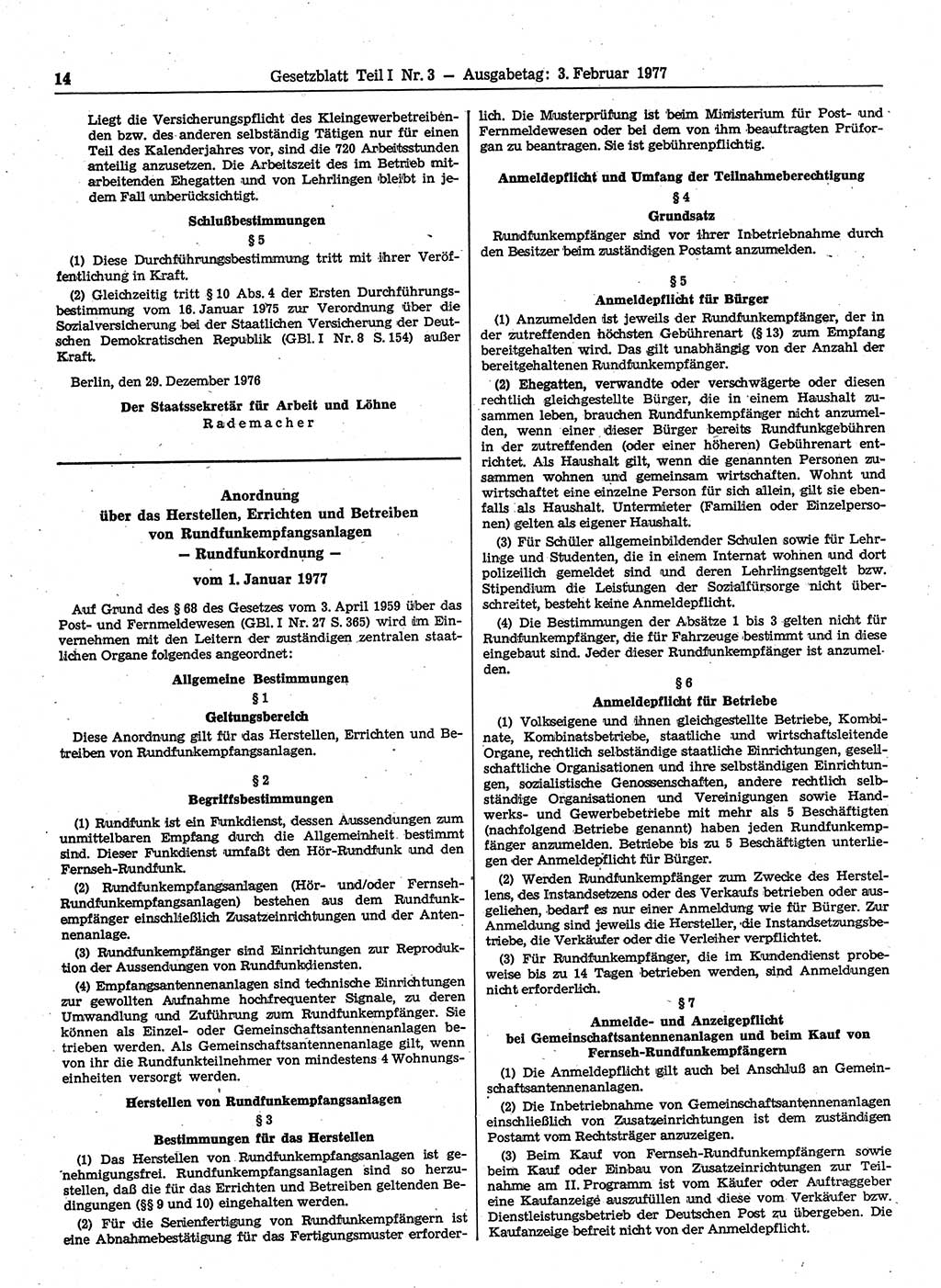 Gesetzblatt (GBl.) der Deutschen Demokratischen Republik (DDR) Teil Ⅰ 1977, Seite 14 (GBl. DDR Ⅰ 1977, S. 14)
