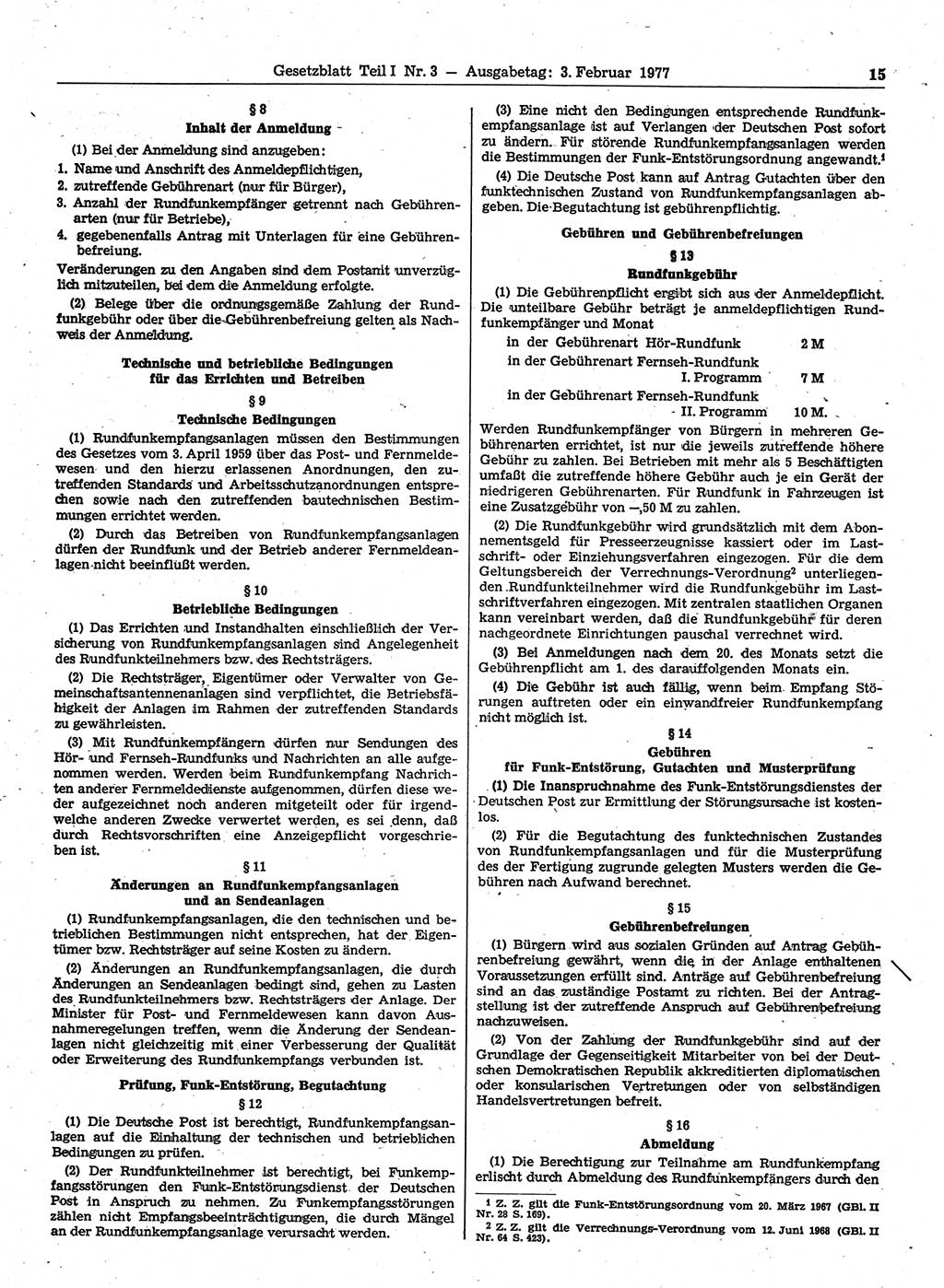 Gesetzblatt (GBl.) der Deutschen Demokratischen Republik (DDR) Teil Ⅰ 1977, Seite 15 (GBl. DDR Ⅰ 1977, S. 15)
