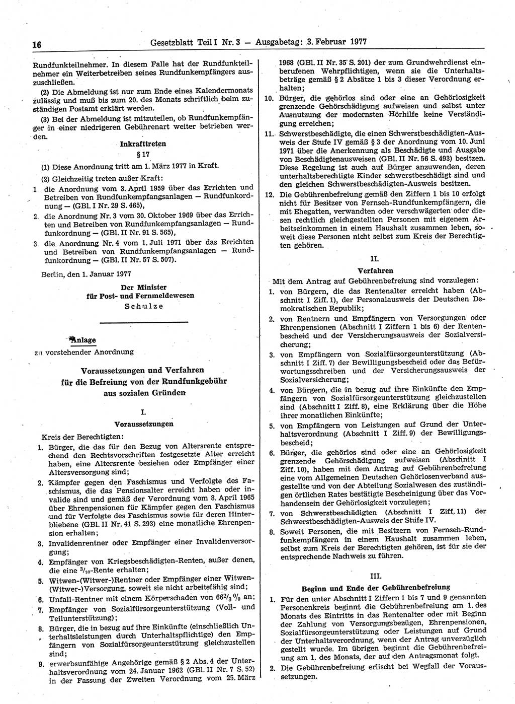 Gesetzblatt (GBl.) der Deutschen Demokratischen Republik (DDR) Teil Ⅰ 1977, Seite 16 (GBl. DDR Ⅰ 1977, S. 16)