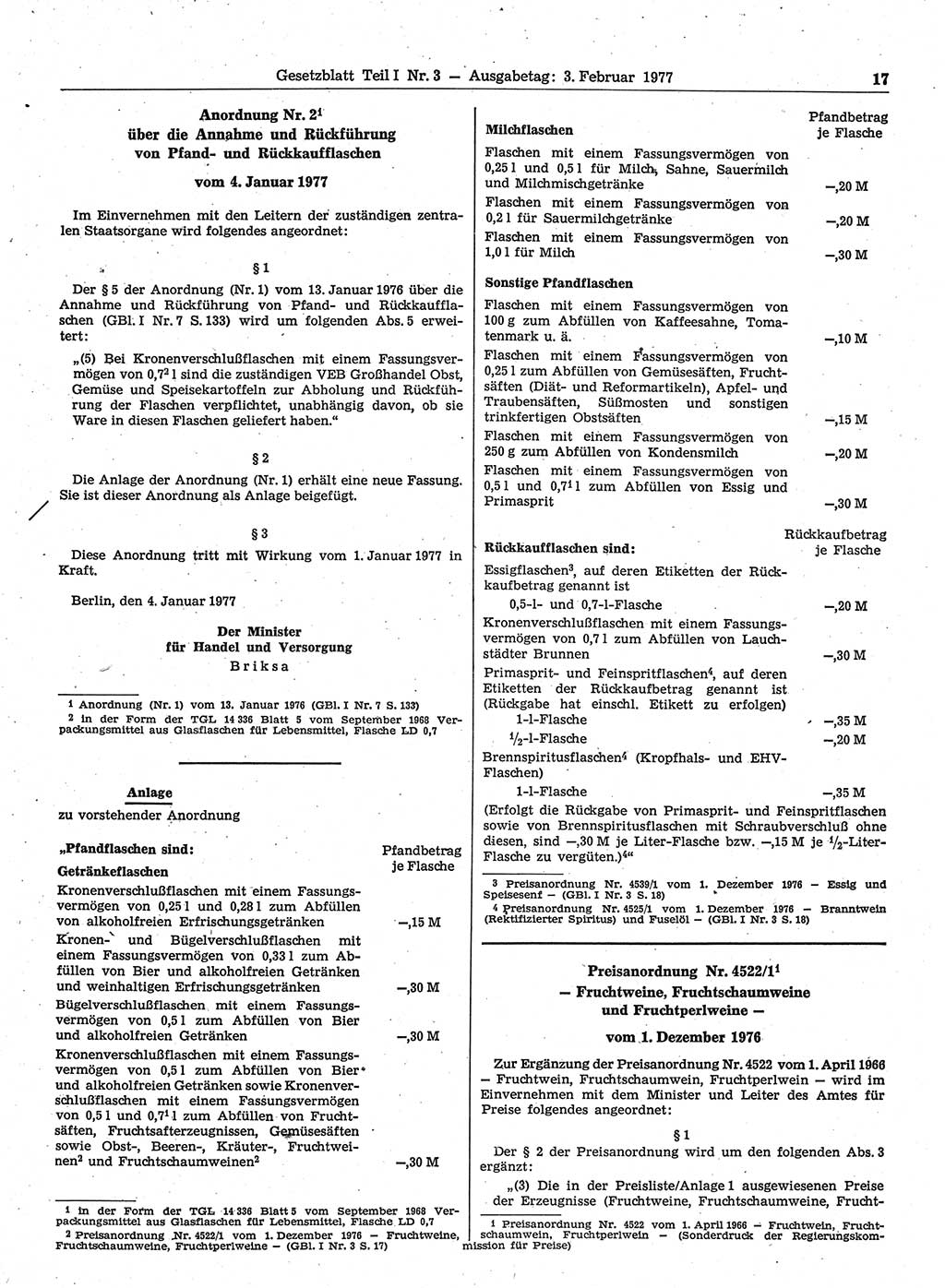 Gesetzblatt (GBl.) der Deutschen Demokratischen Republik (DDR) Teil Ⅰ 1977, Seite 17 (GBl. DDR Ⅰ 1977, S. 17)