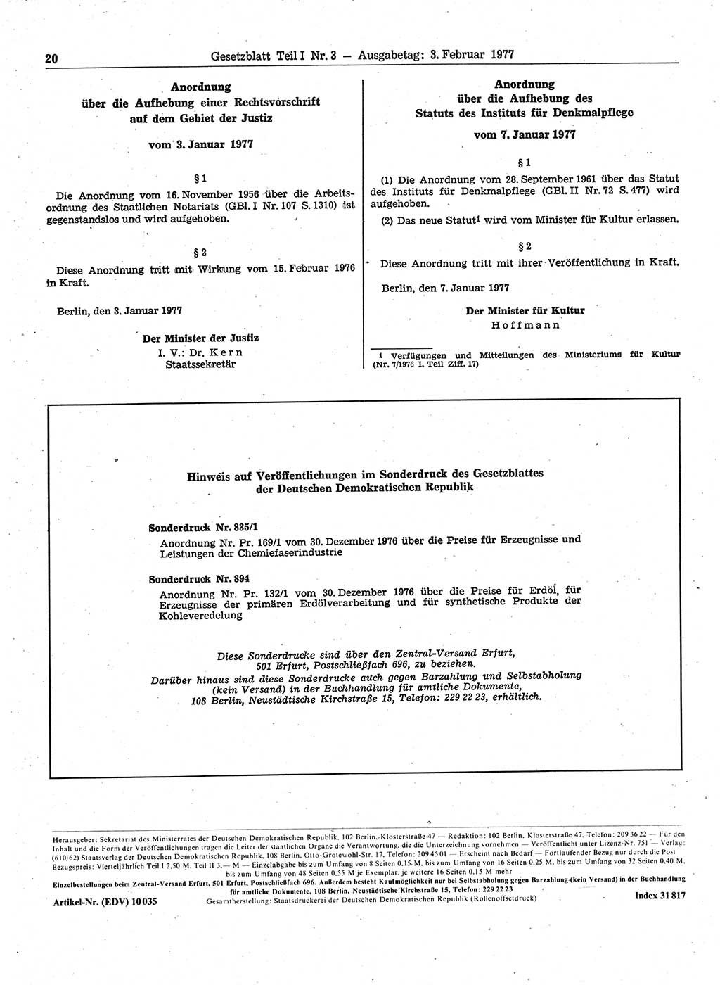 Gesetzblatt (GBl.) der Deutschen Demokratischen Republik (DDR) Teil Ⅰ 1977, Seite 20 (GBl. DDR Ⅰ 1977, S. 20)