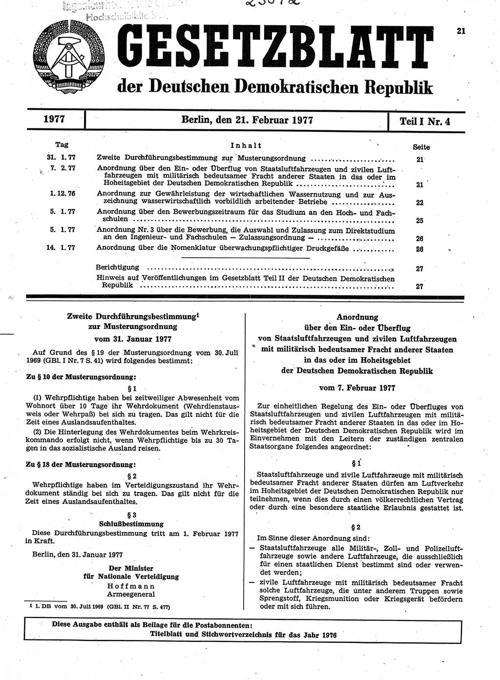 Gesetzblatt (GBl.) der Deutschen Demokratischen Republik (DDR) Teil Ⅰ 1977, Seite 21 (GBl. DDR Ⅰ 1977, S. 21)