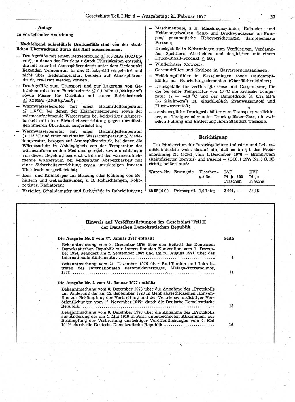 Gesetzblatt (GBl.) der Deutschen Demokratischen Republik (DDR) Teil Ⅰ 1977, Seite 27 (GBl. DDR Ⅰ 1977, S. 27)