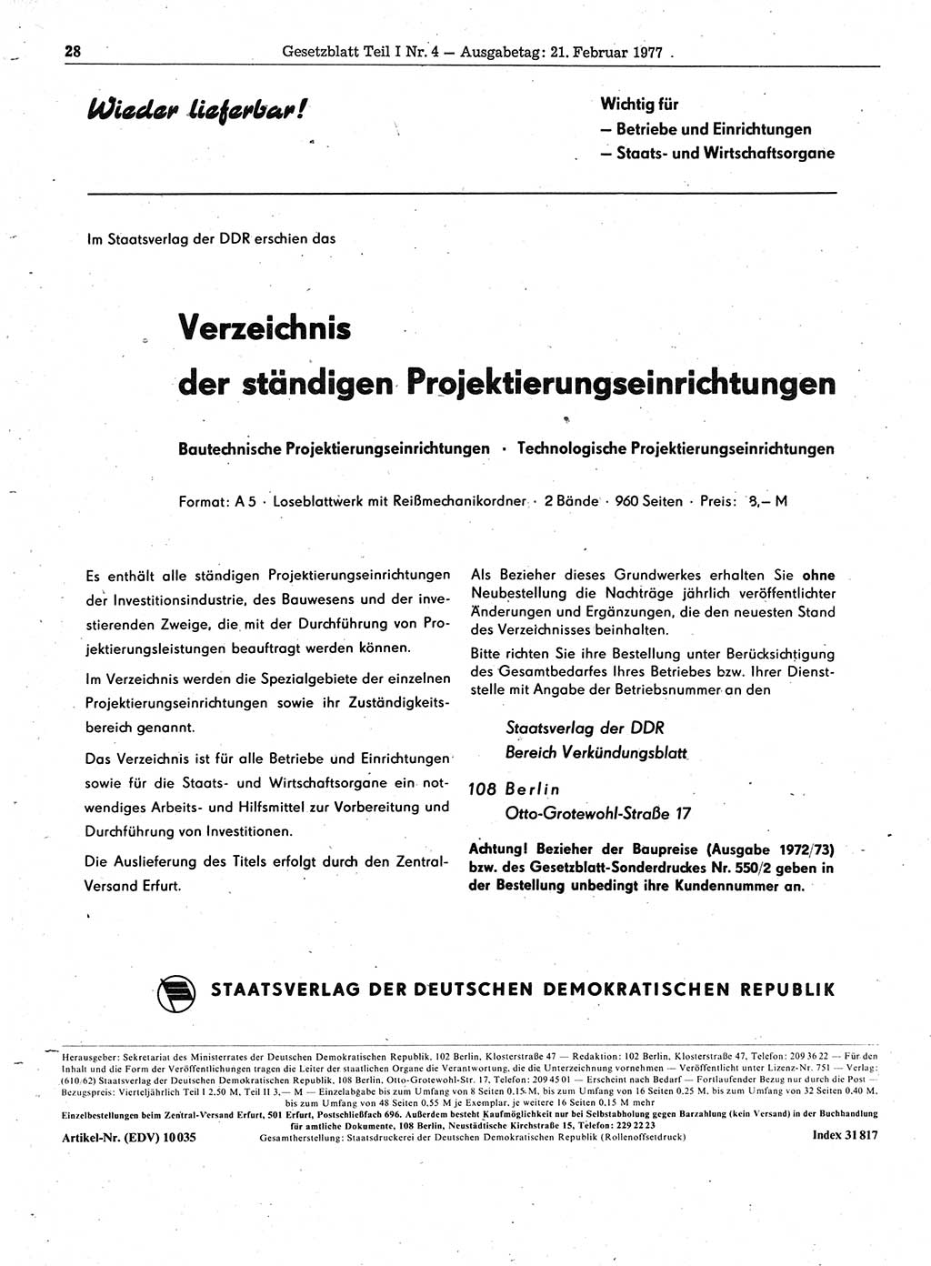 Gesetzblatt (GBl.) der Deutschen Demokratischen Republik (DDR) Teil Ⅰ 1977, Seite 28 (GBl. DDR Ⅰ 1977, S. 28)