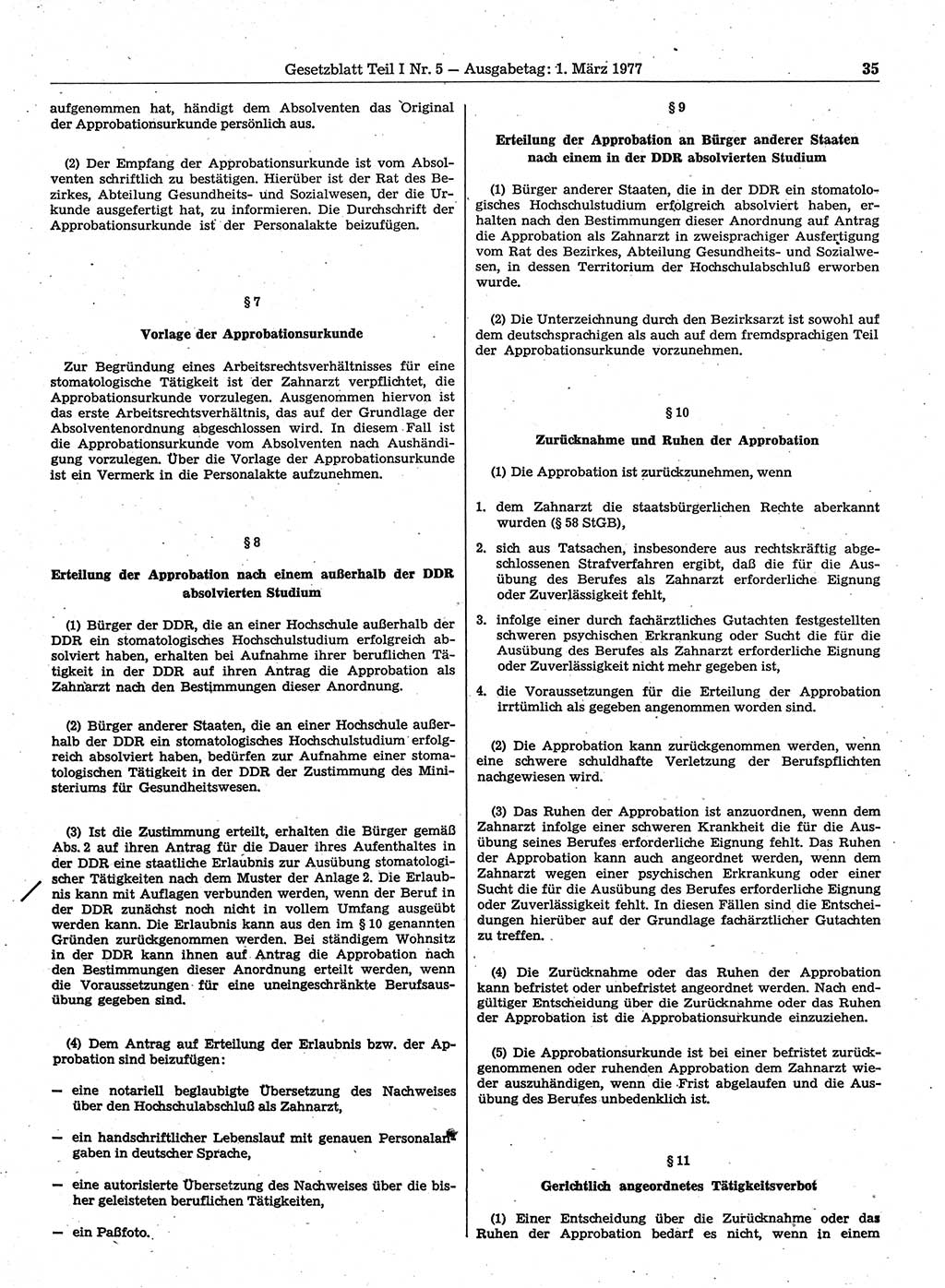 Gesetzblatt (GBl.) der Deutschen Demokratischen Republik (DDR) Teil Ⅰ 1977, Seite 35 (GBl. DDR Ⅰ 1977, S. 35)